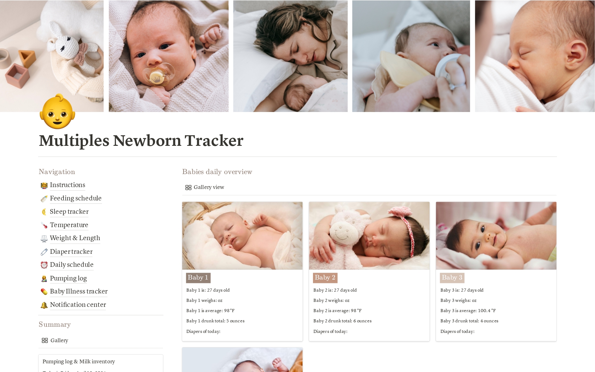 En förhandsgranskning av mallen för Multiples Newborn Tracker