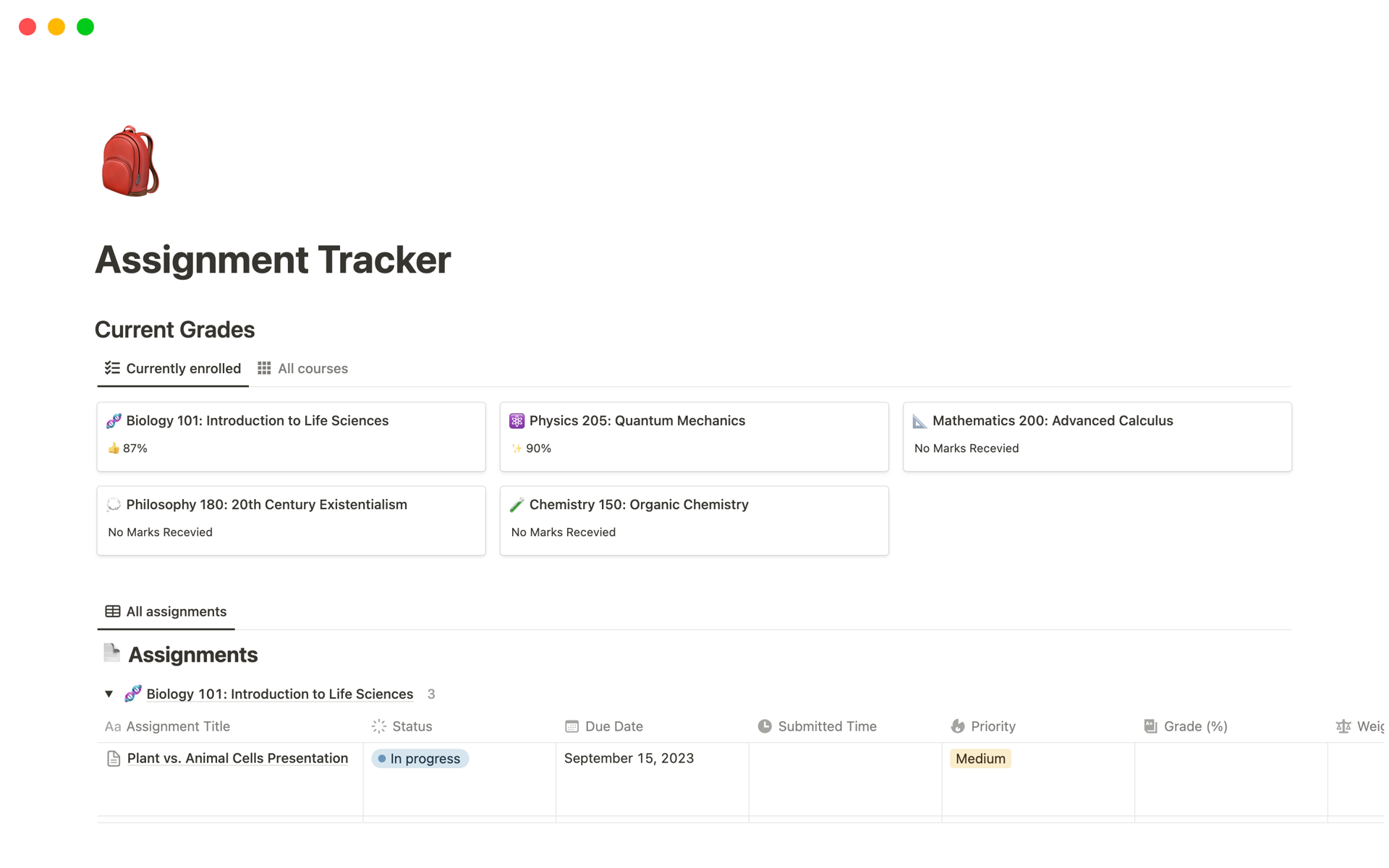 En förhandsgranskning av mallen för Assignment Tracker with Automations