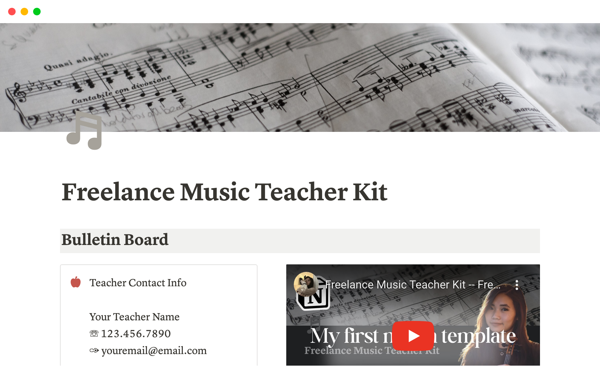 En förhandsgranskning av mallen för Freelance Music Teacher