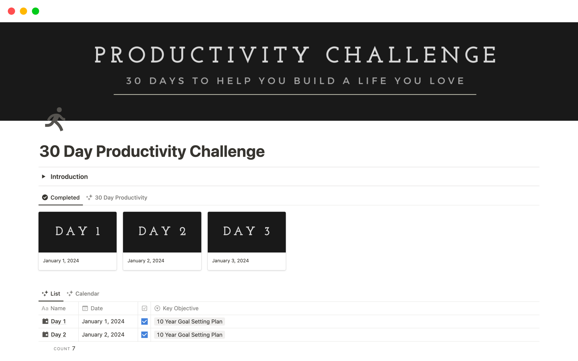 En forhåndsvisning av mal for 30 Day Productivity Challenge