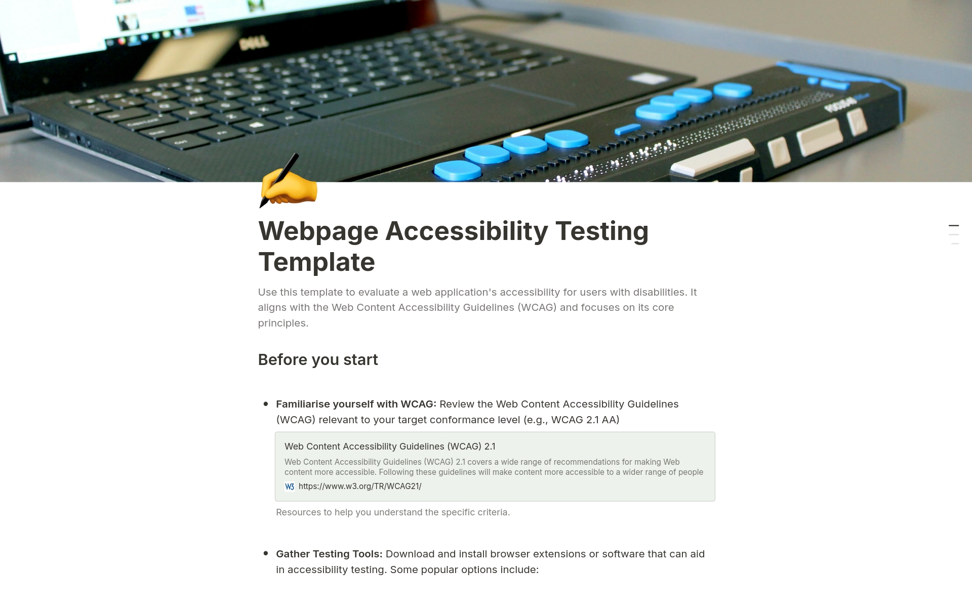 Use this template to evaluate a web application's accessibility for users with disabilities. It aligns with the Web Content Accessibility Guidelines (WCAG) and focuses on its core principles.