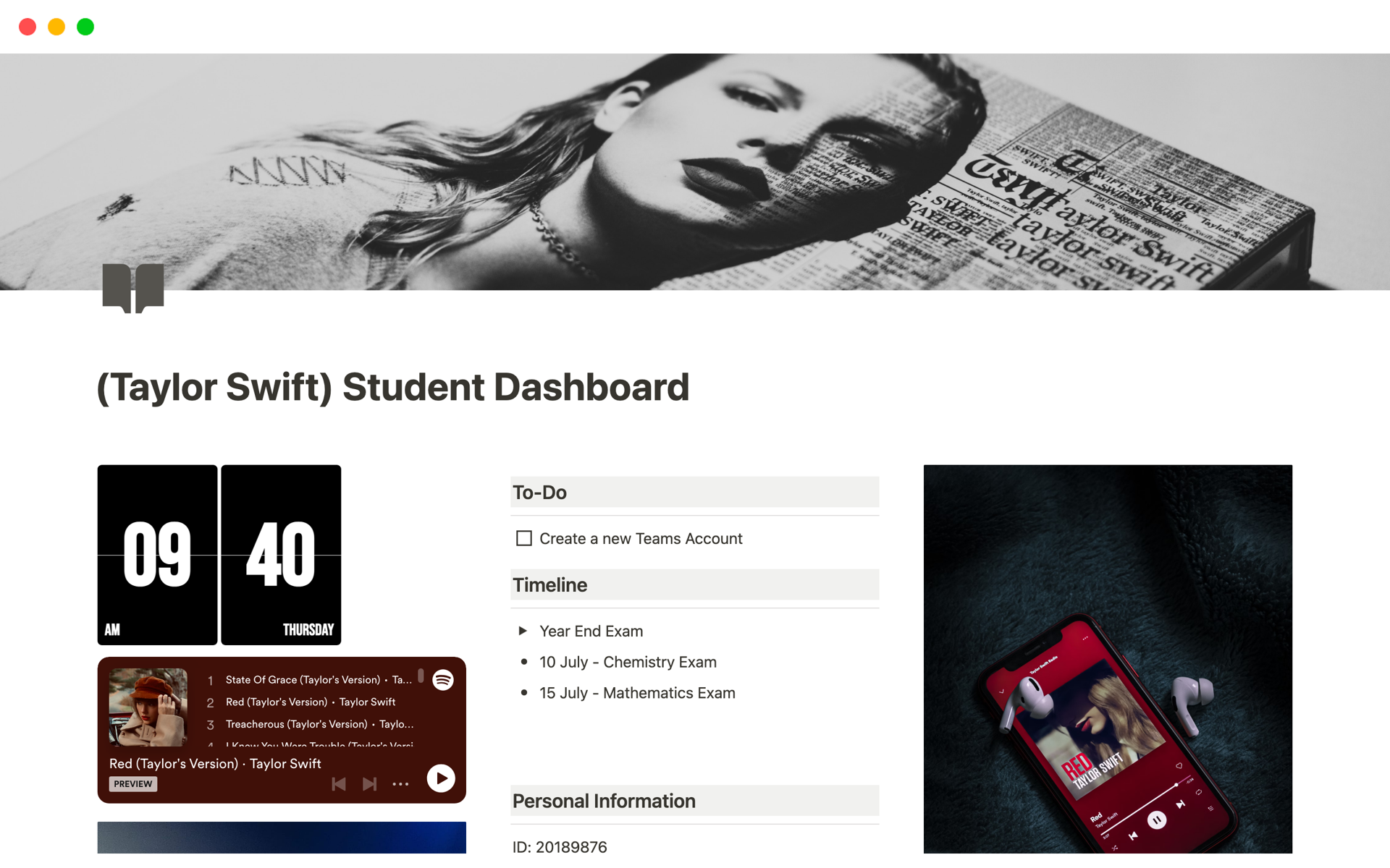 En förhandsgranskning av mallen för (Taylor Swift) Student Dashboard