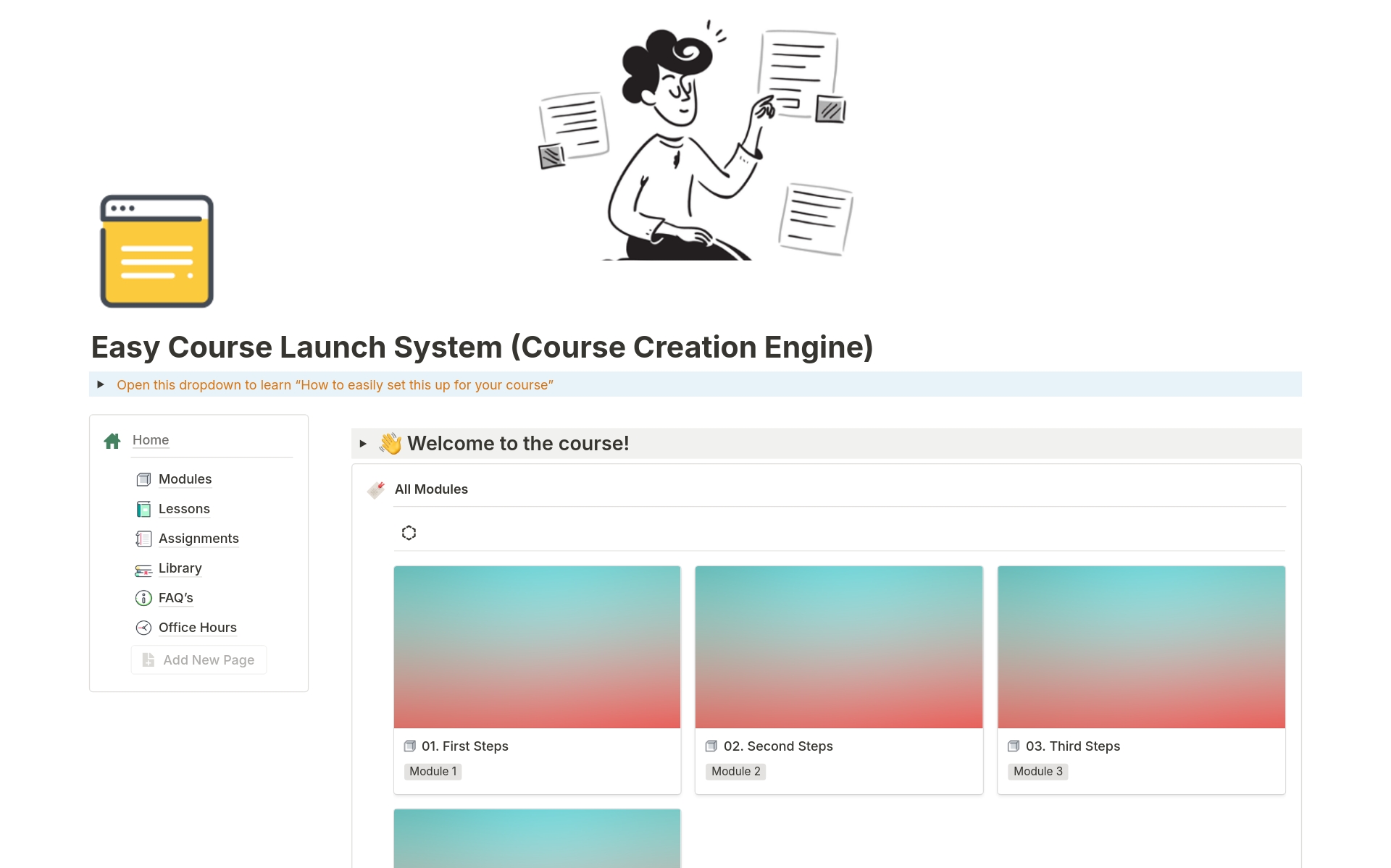 En forhåndsvisning av mal for Easy Course Launch System (Course Creation Engine)