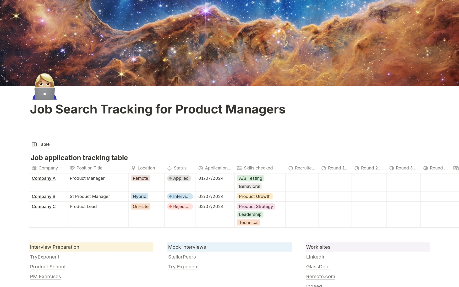 En forhåndsvisning av mal for Job Search Tracking for Product Managers