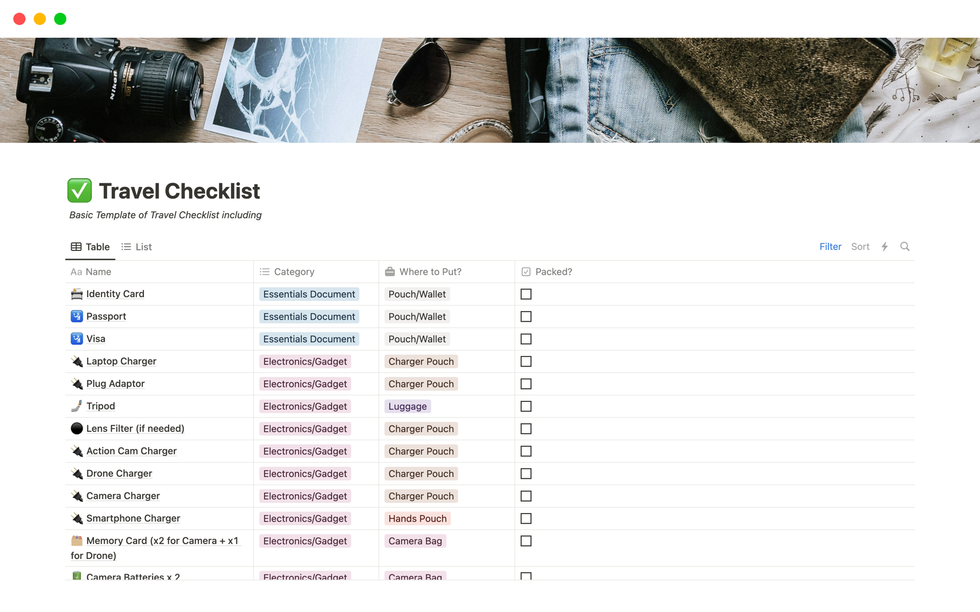Vista previa de una plantilla para Travel Packing Checklist