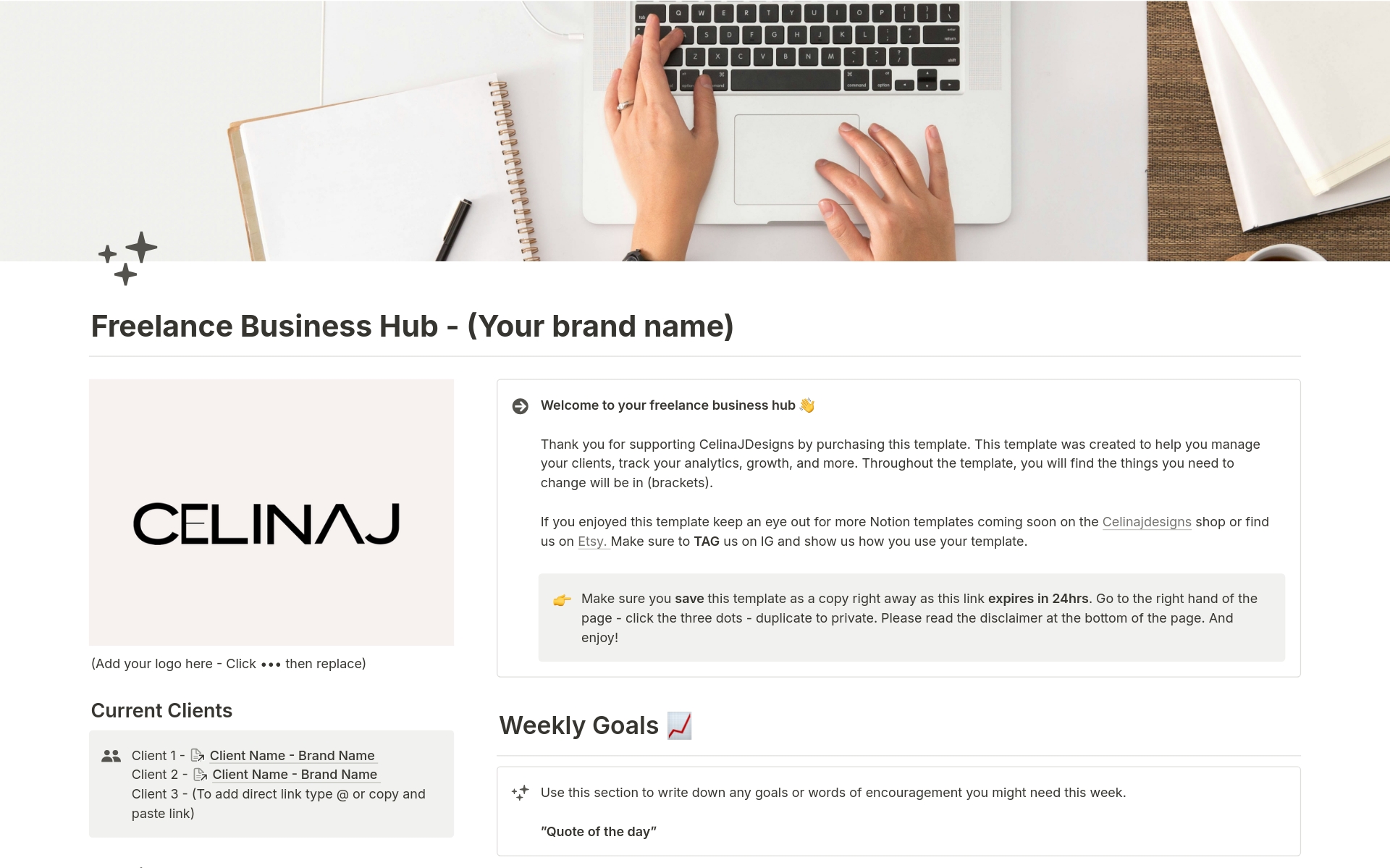 En forhåndsvisning av mal for Freelance Business Hub 