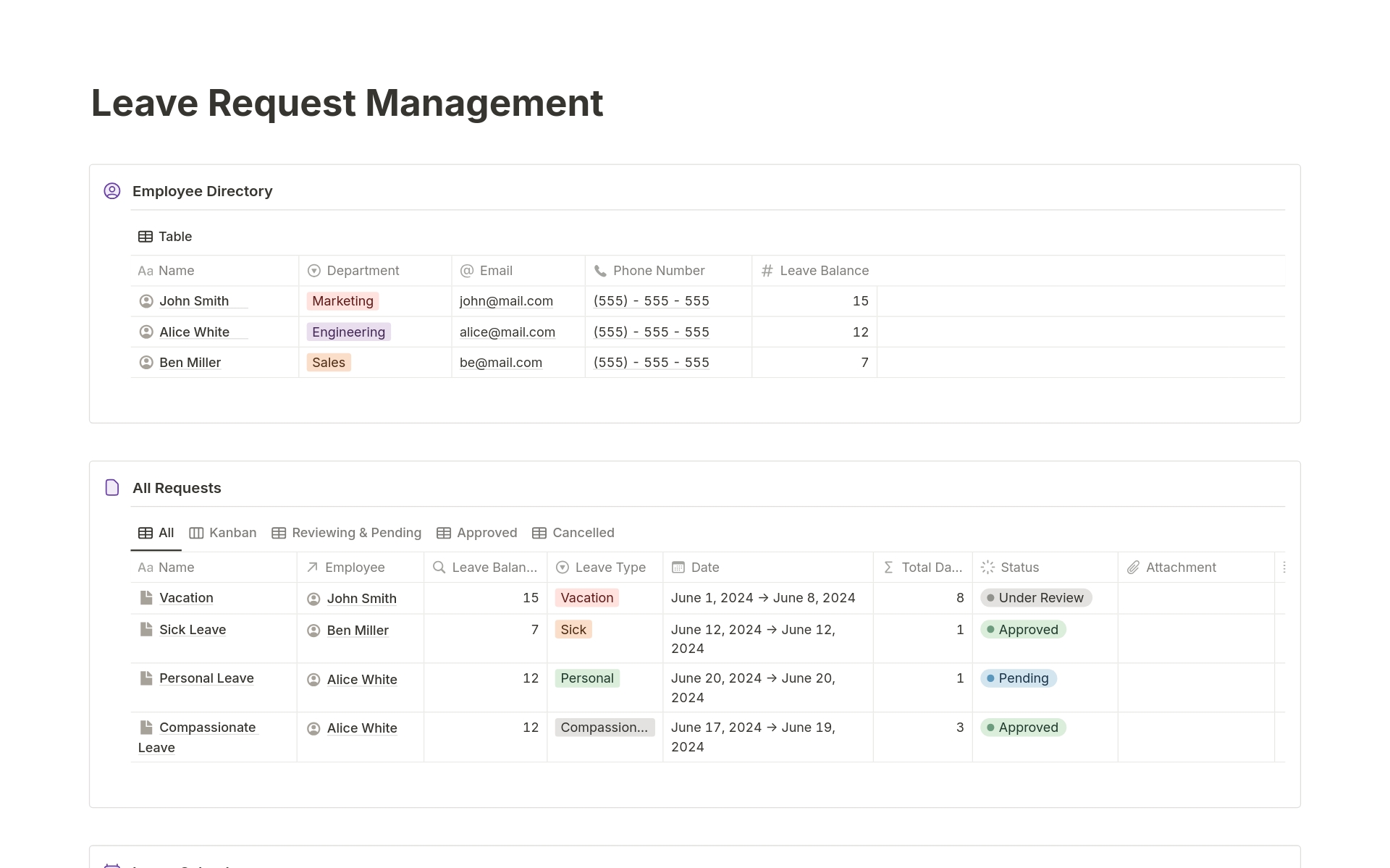 A template preview for Leave Request Management