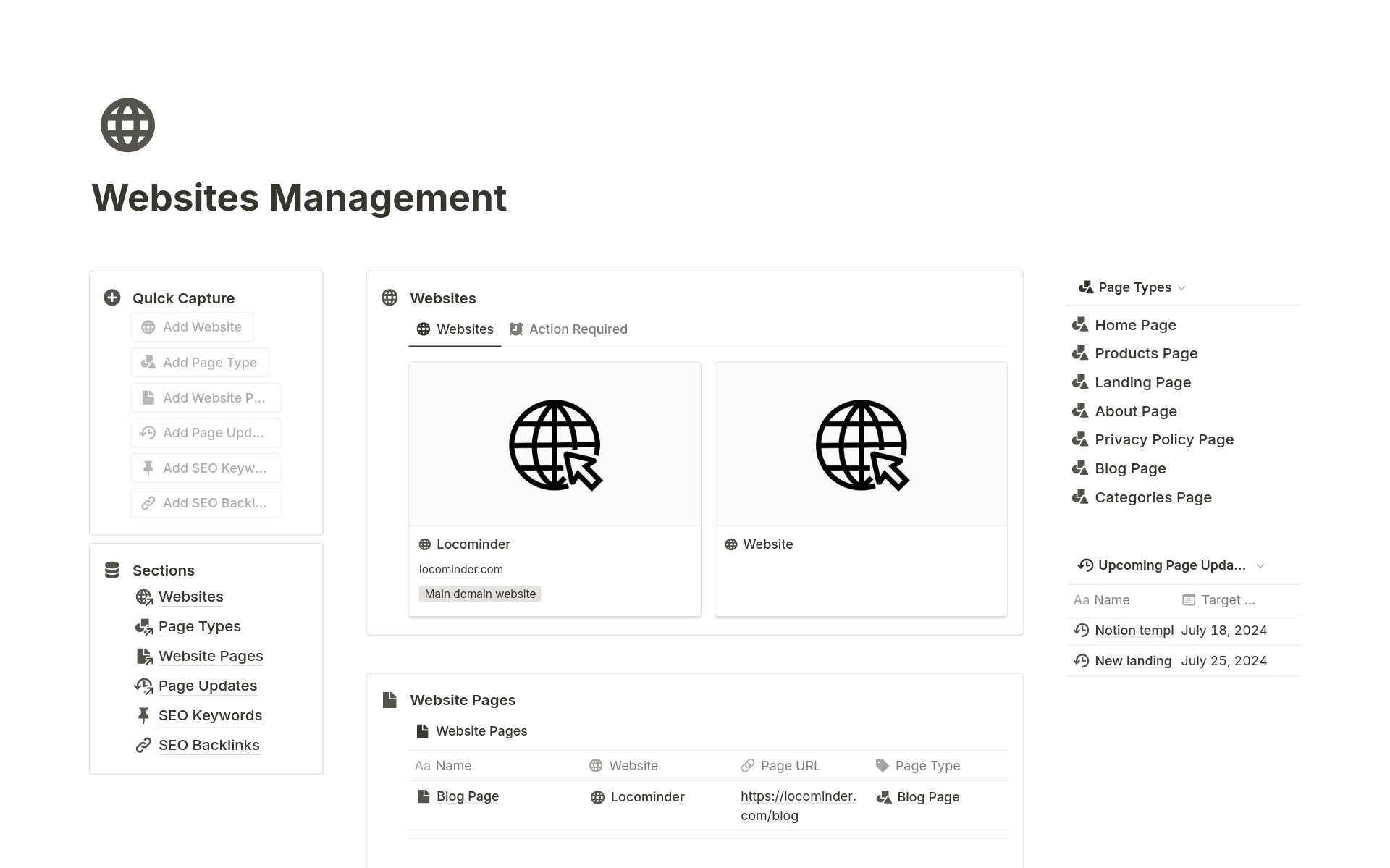 A template preview for Websites Management