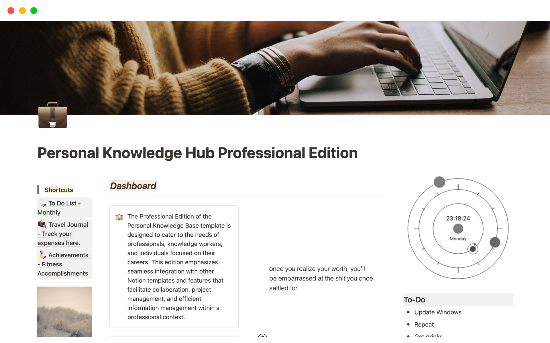 En förhandsgranskning av mallen för Personal Knowledge Hub Professional Edition