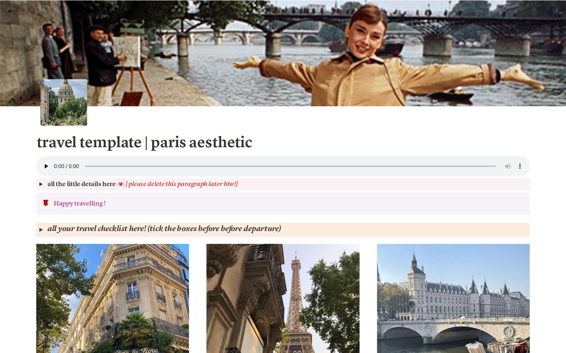 Uma prévia do modelo para Travel Planner | Paris Aesthetic
