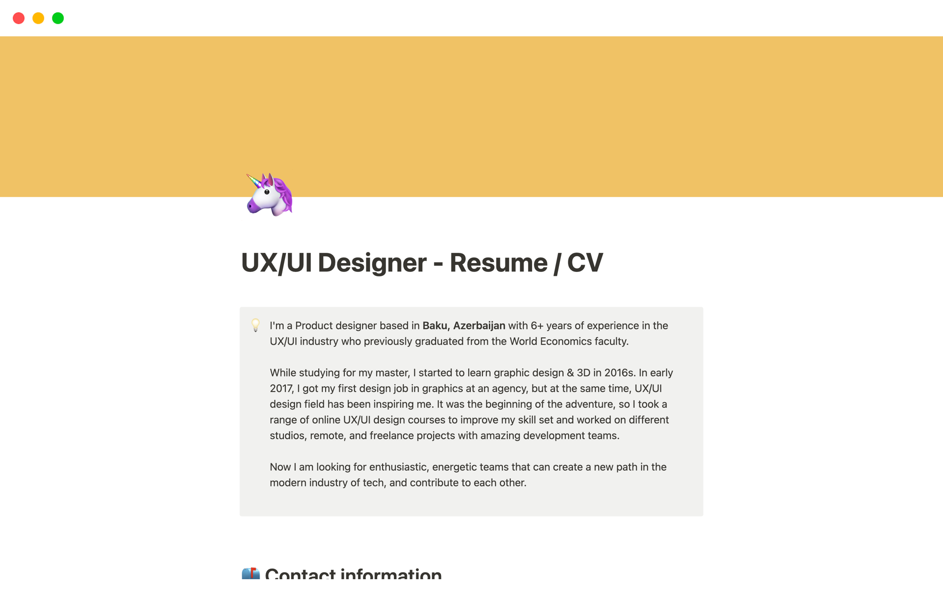 En forhåndsvisning av mal for Product Designer - Resume Template
