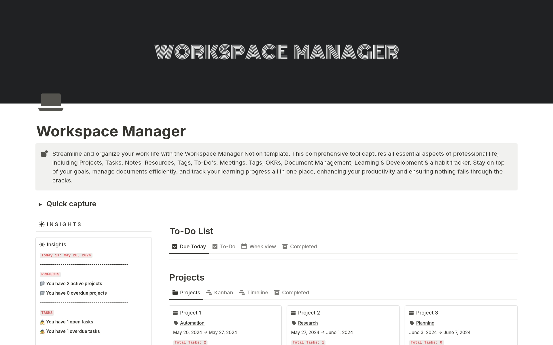 En forhåndsvisning av mal for Workspace manager