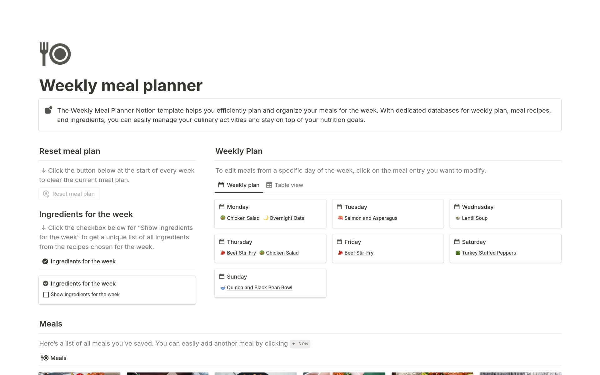 A template preview for Weekly meal planner