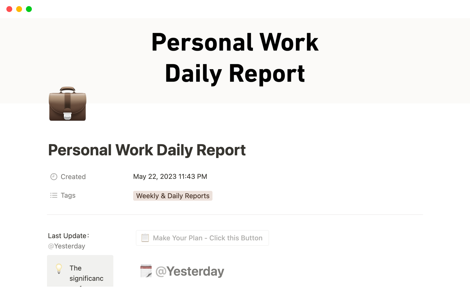 Personal Work Daily Reportのテンプレートのプレビュー