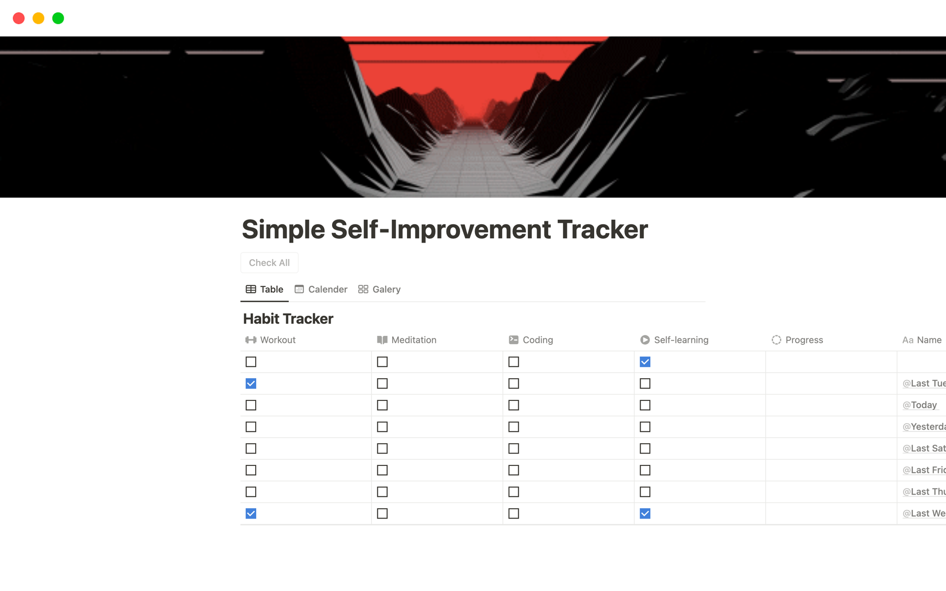 En forhåndsvisning av mal for Simple Self-Improvement Tracker