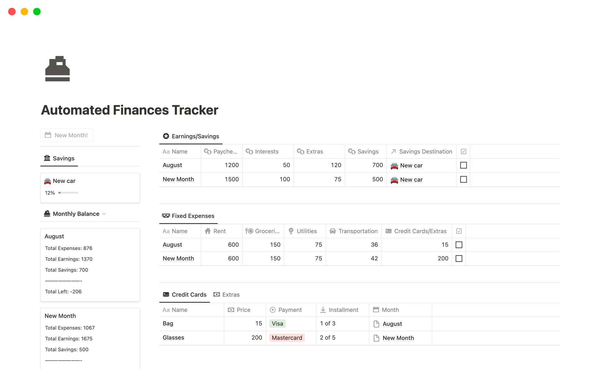 Vista previa de una plantilla para Automated Finances Tracker