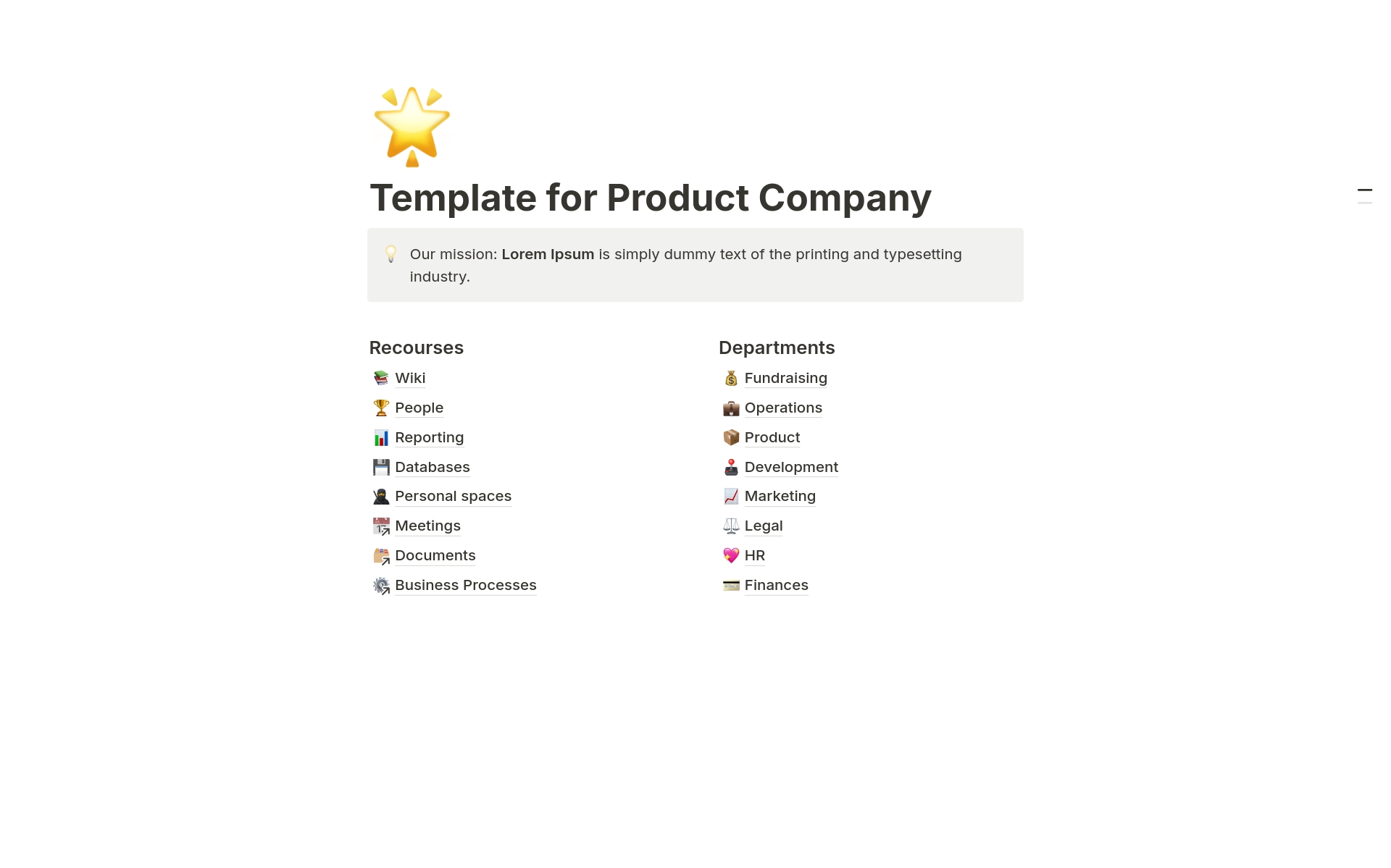 En forhåndsvisning av mal for Product Company Template