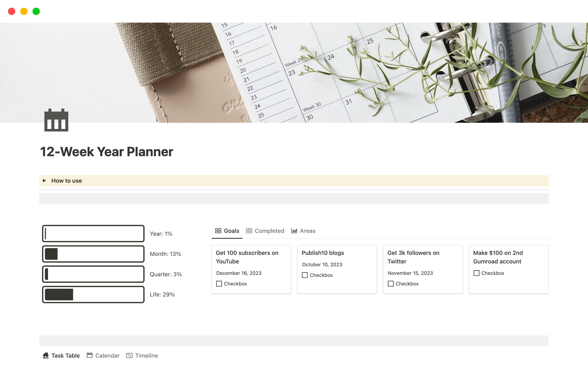 A template preview for 12-Week Year Planner