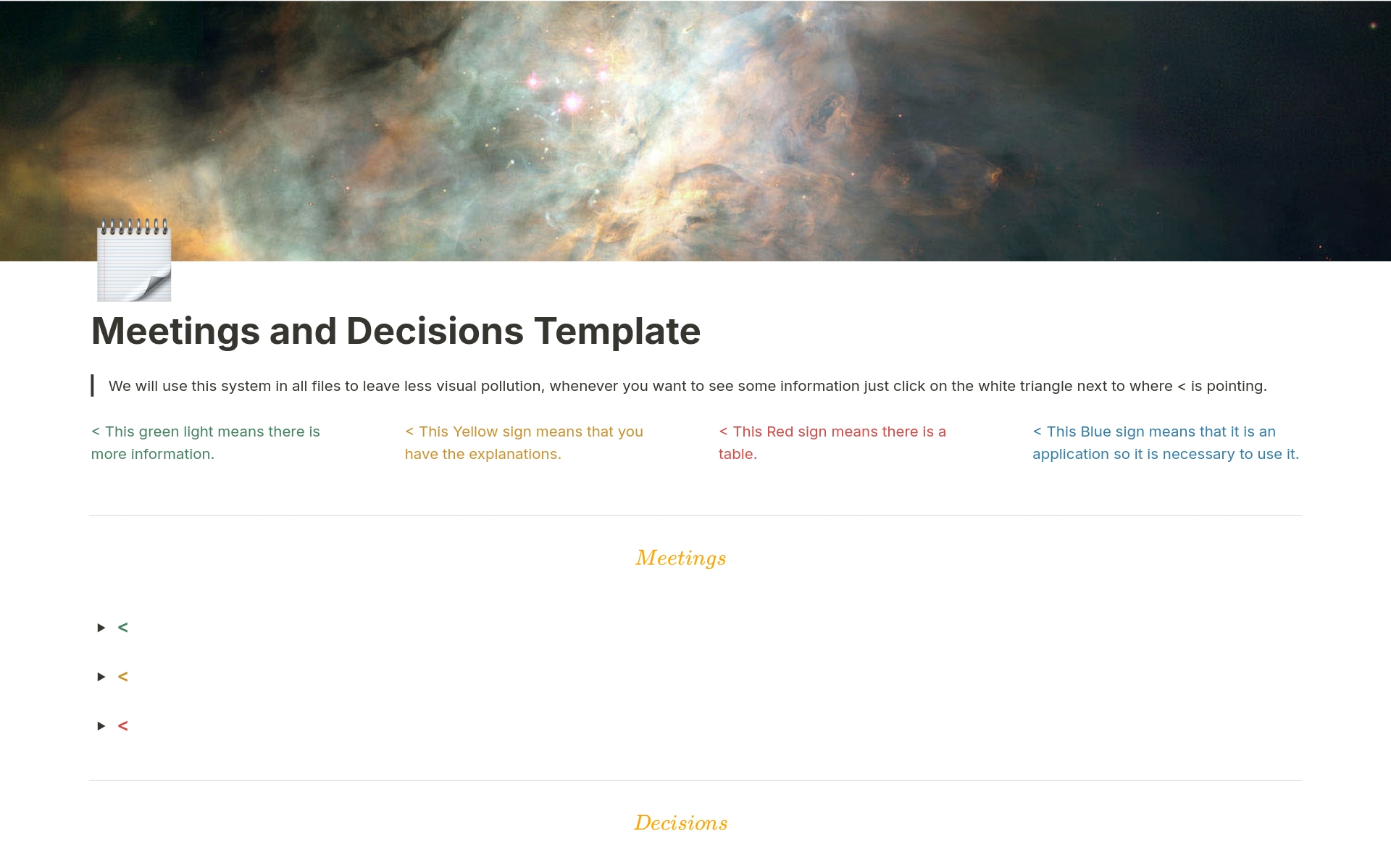A template preview for Meetings and Decisions