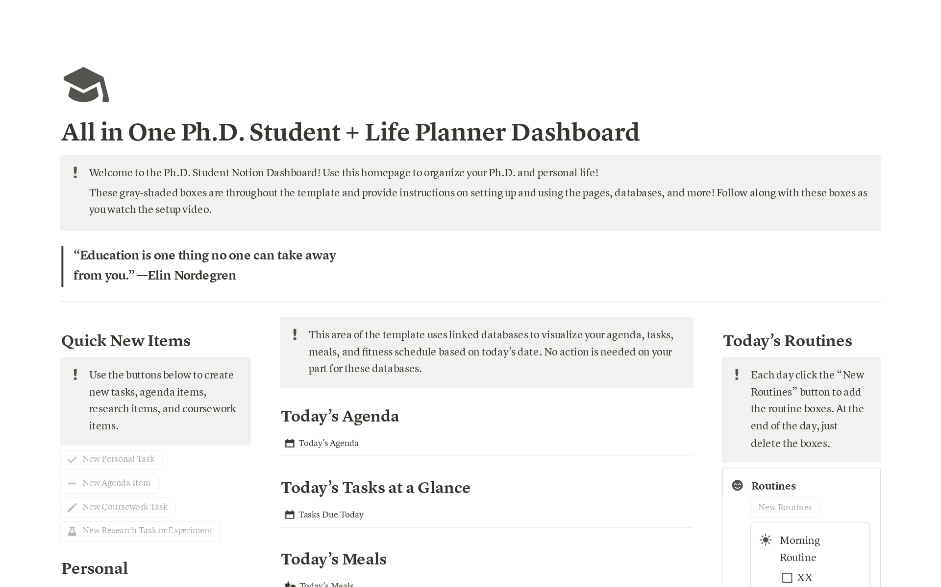 Eine Vorlagenvorschau für All-In-One Graduate Student Notion Dashboard