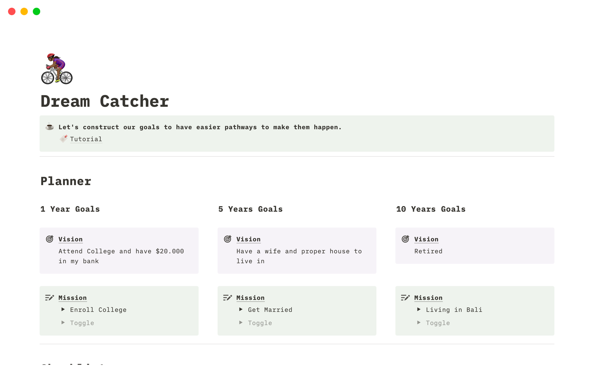 A template preview for Dream Catcher Goal Setting