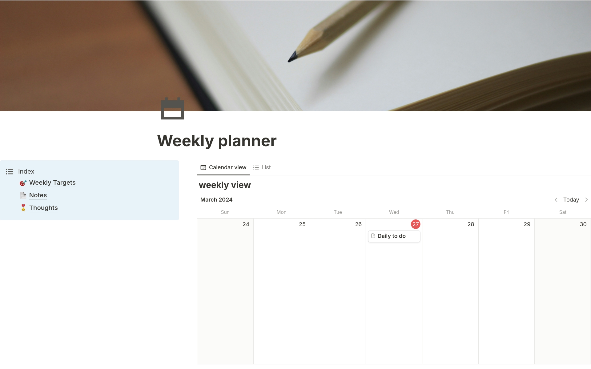 En förhandsgranskning av mallen för Weekly planner