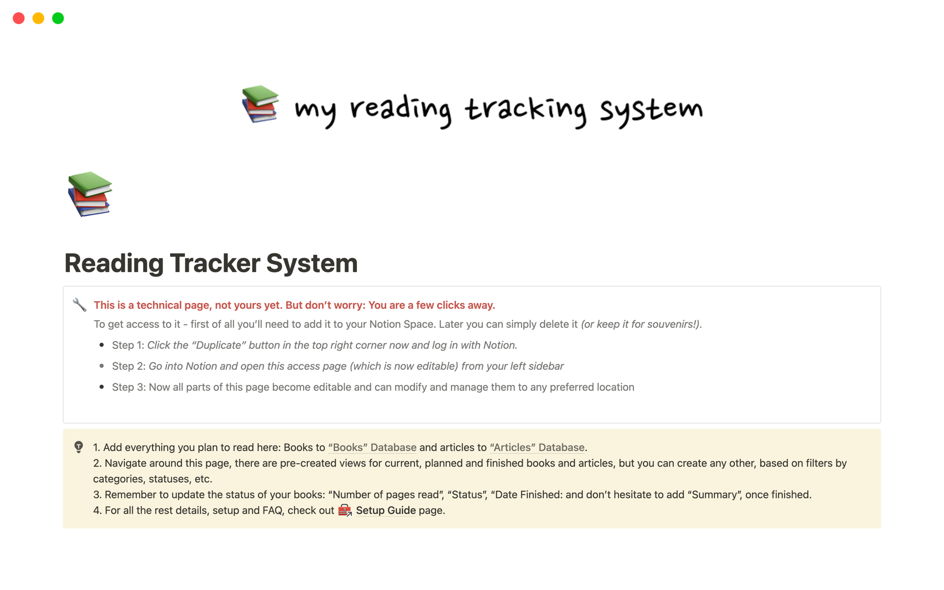 Vista previa de plantilla para Reading Tracker System
