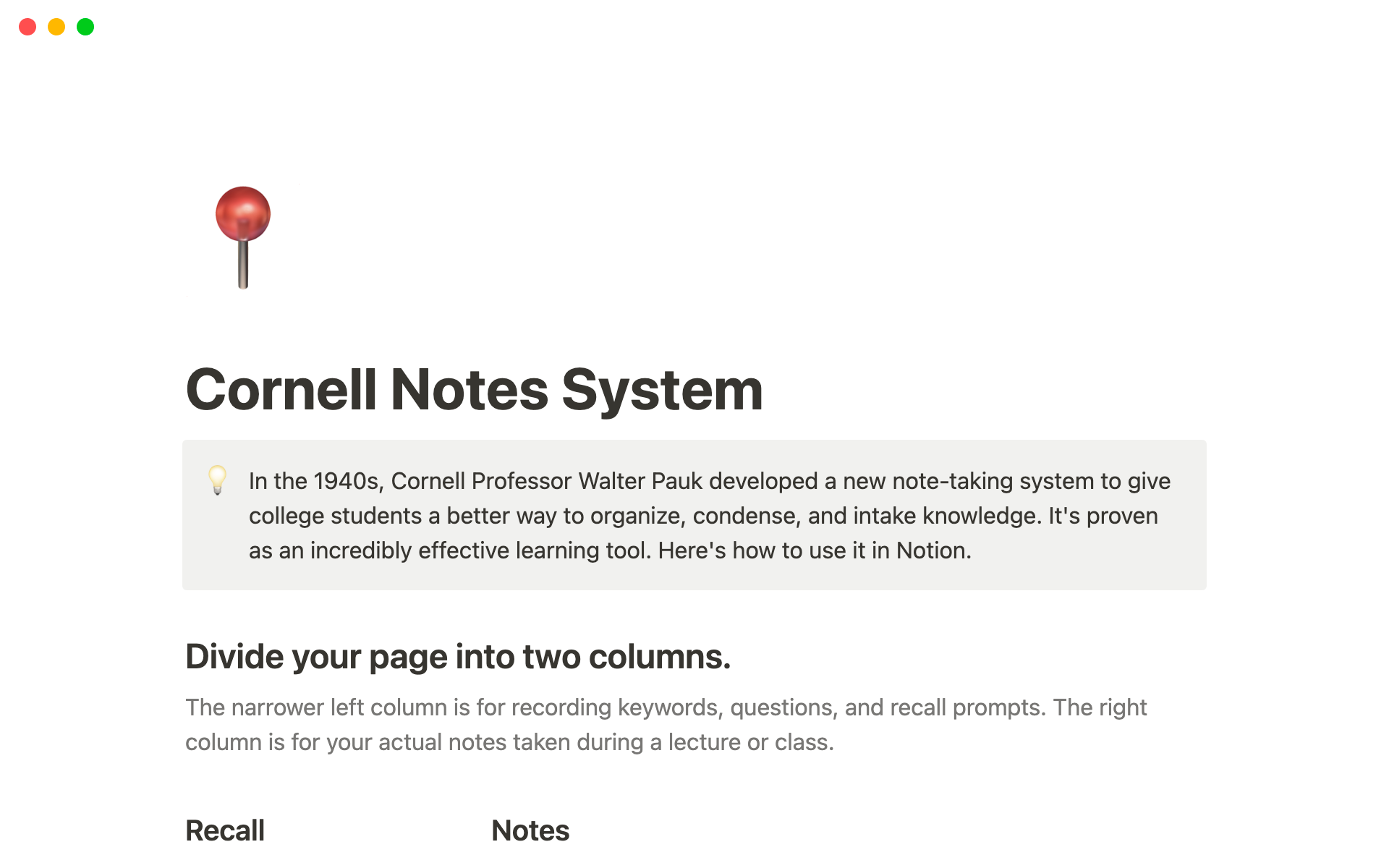 En förhandsgranskning av mallen för Cornell notes system