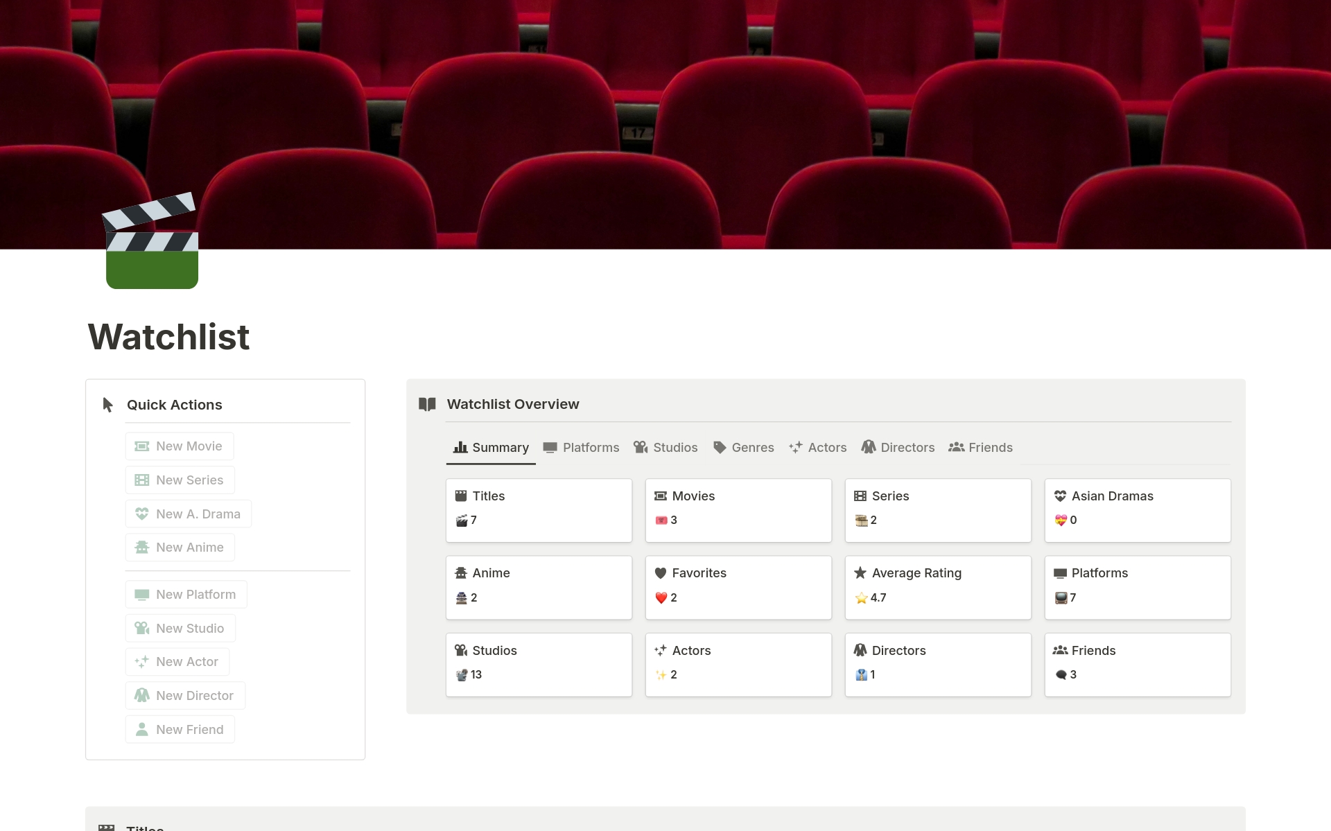 Manage your movies, series, Asian dramas, and anime in one place. Link your favorite actors and directors, manage your friends' recommendations, and much more. Check it out now! ⭐