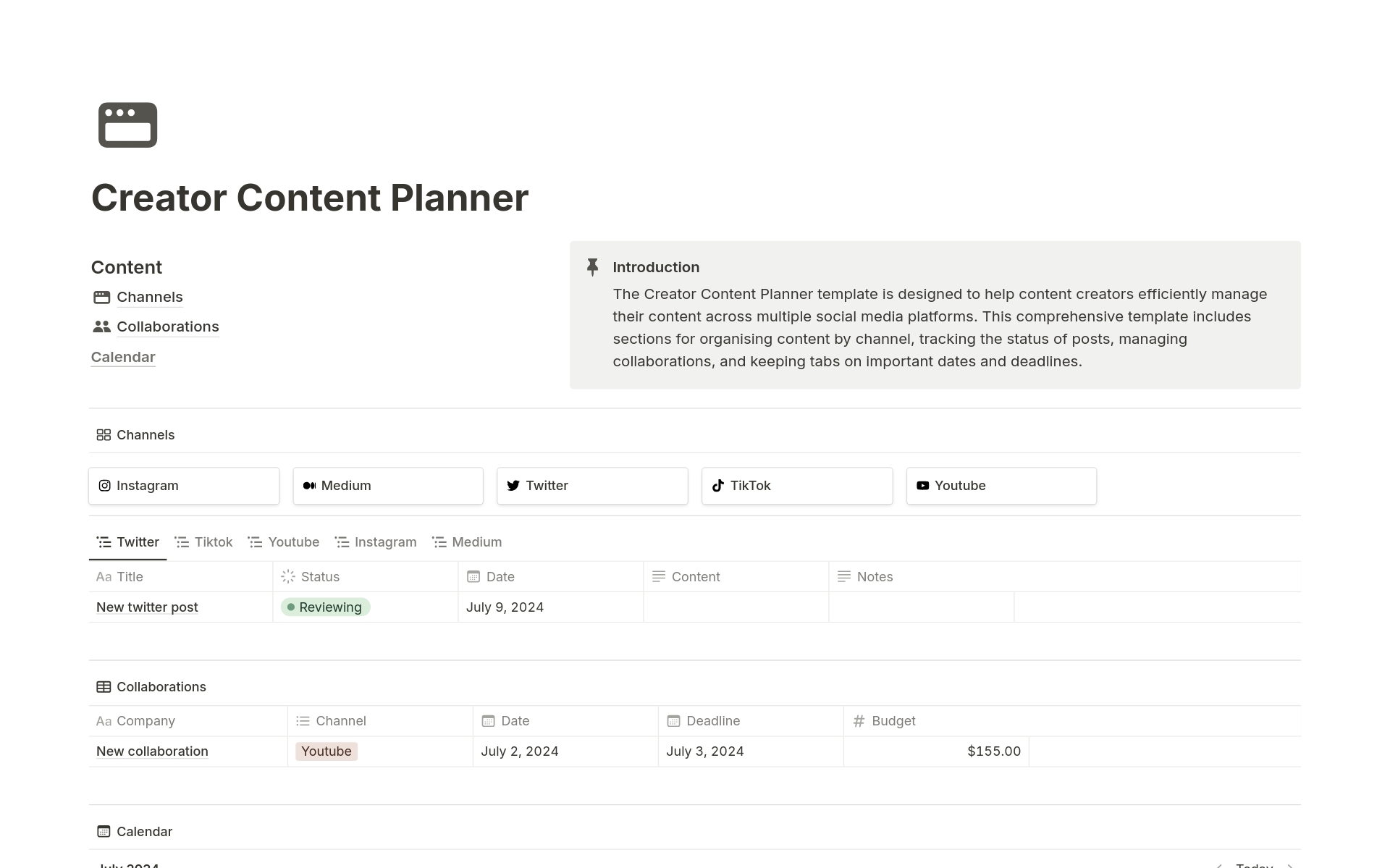 Vista previa de una plantilla para Creator Content Planner
