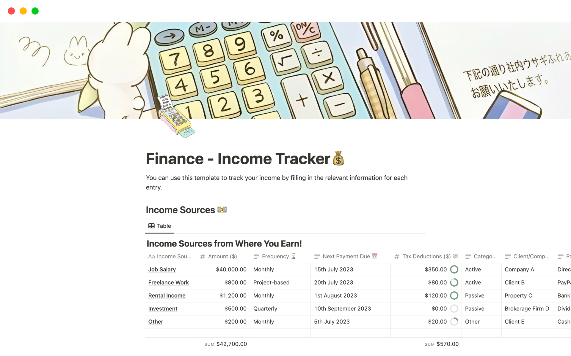 En förhandsgranskning av mallen för Finance - Income Tracker