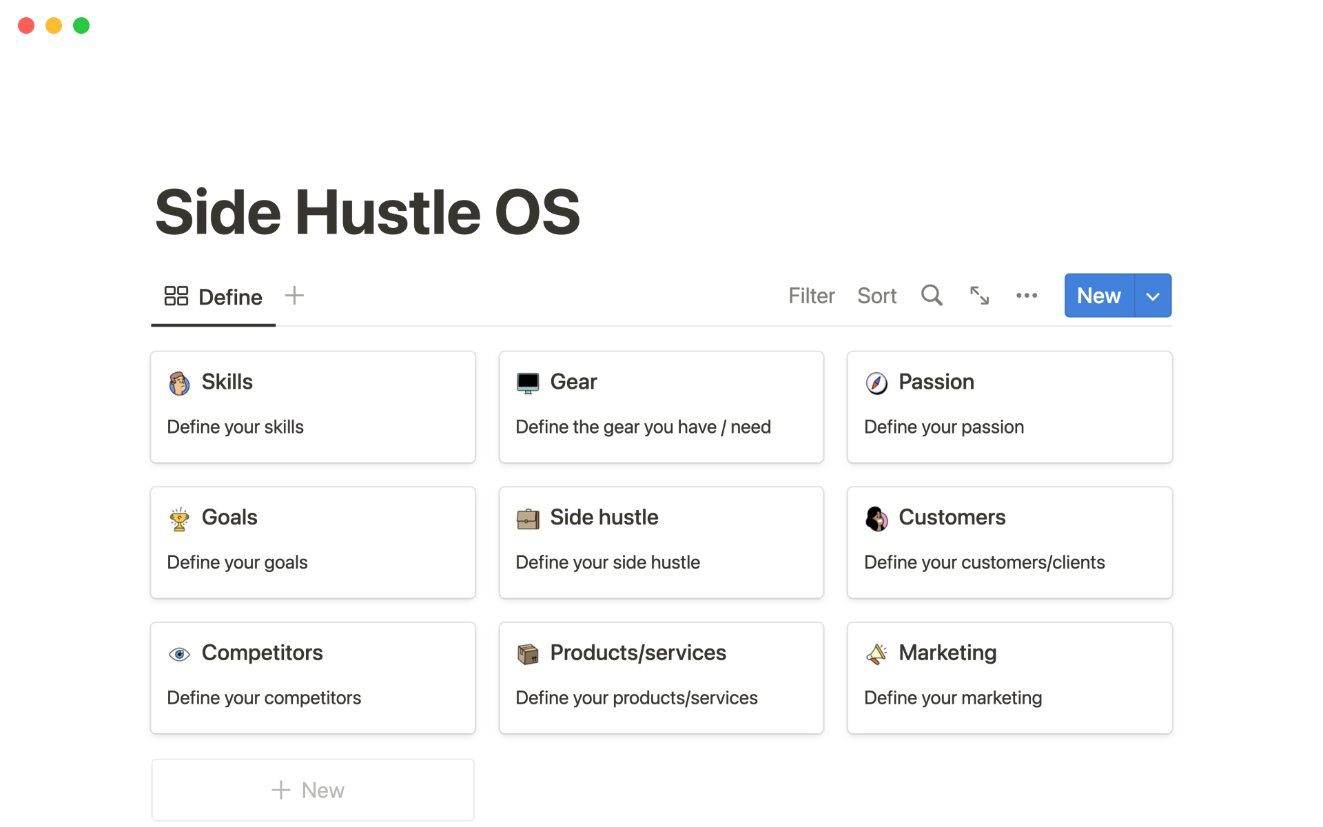 En forhåndsvisning av mal for Side hustle OS