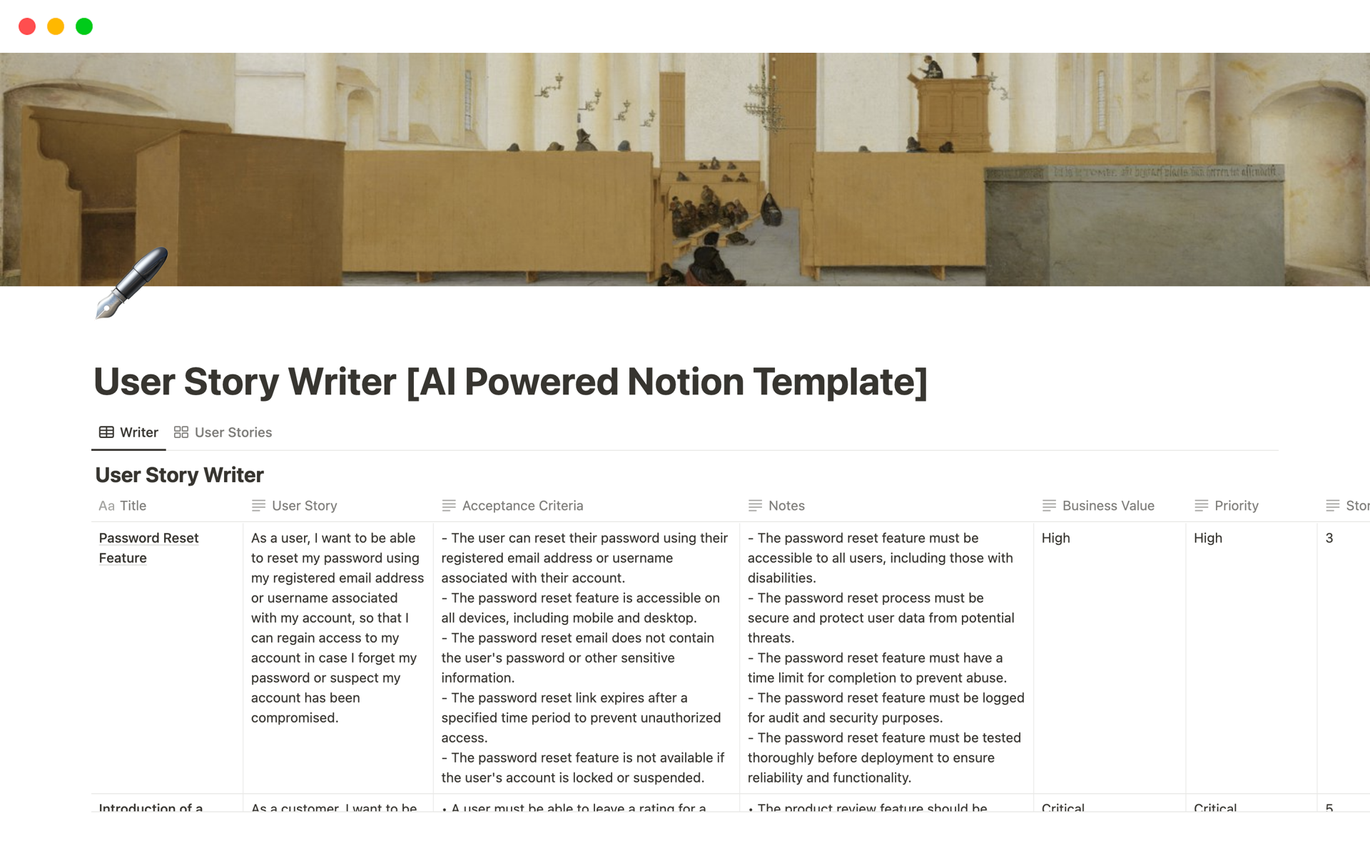 A template preview for User Story Writer