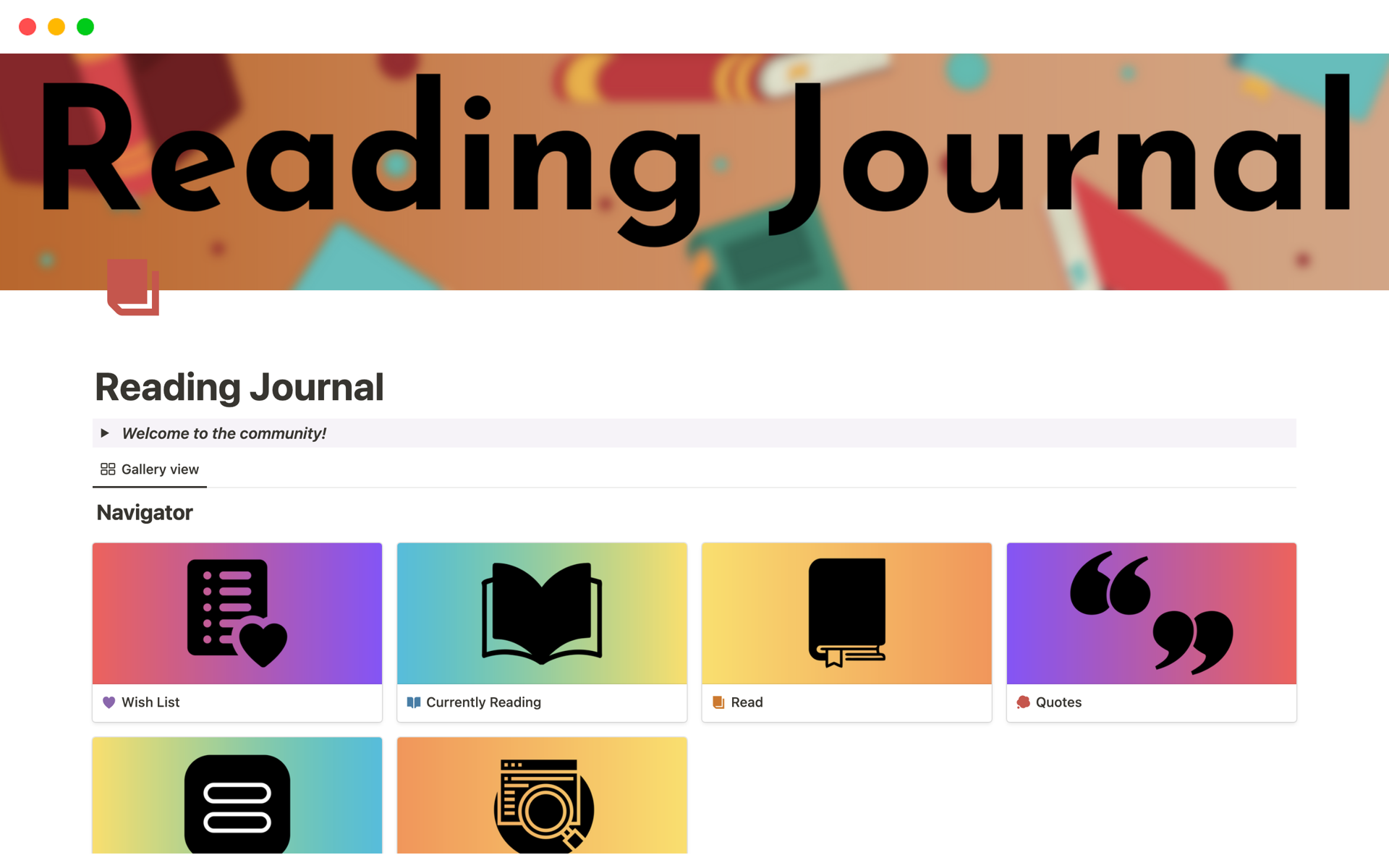 En förhandsgranskning av mallen för Reading Journal