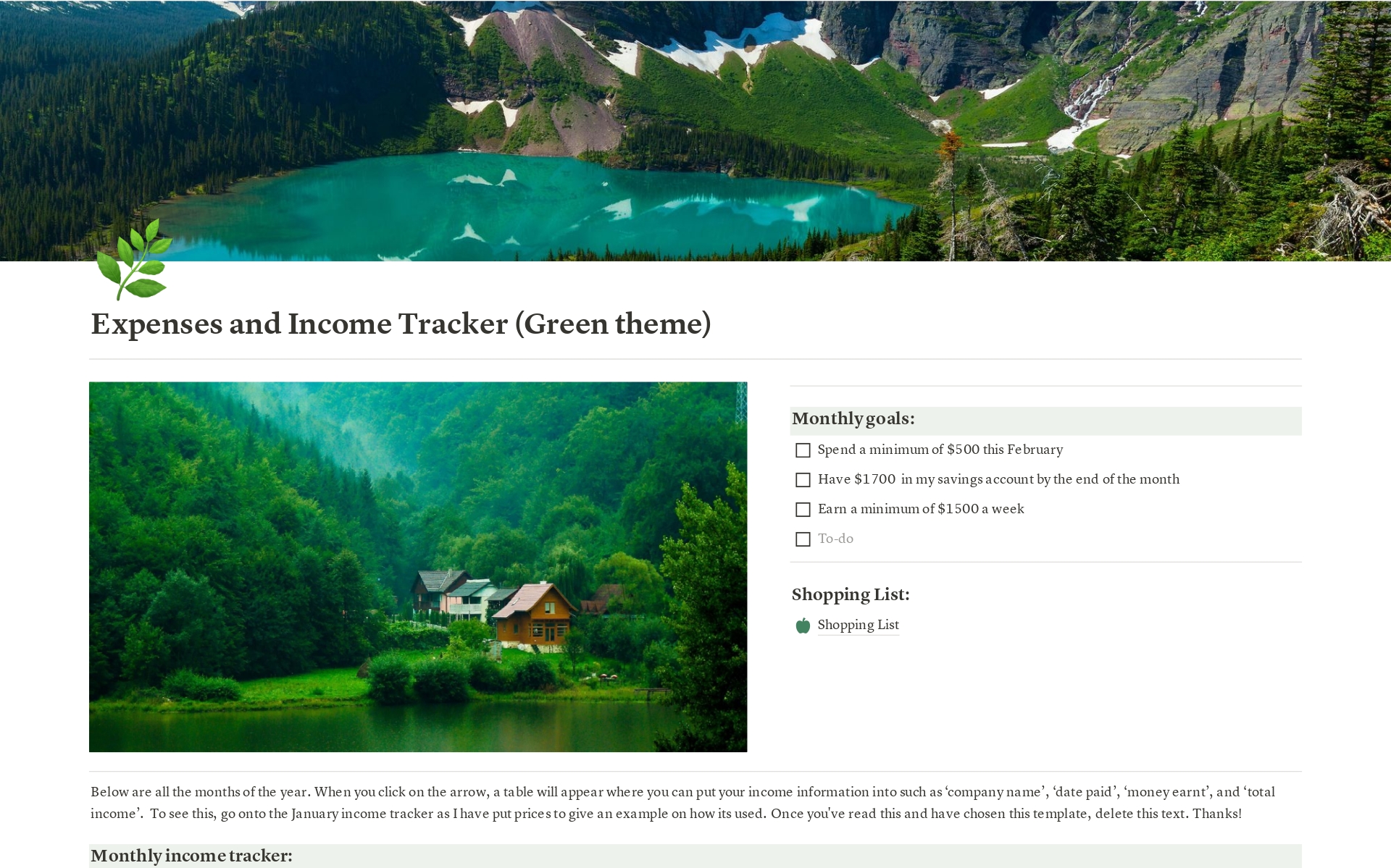 Uma prévia do modelo para Expense/Income tracker (Green theme"