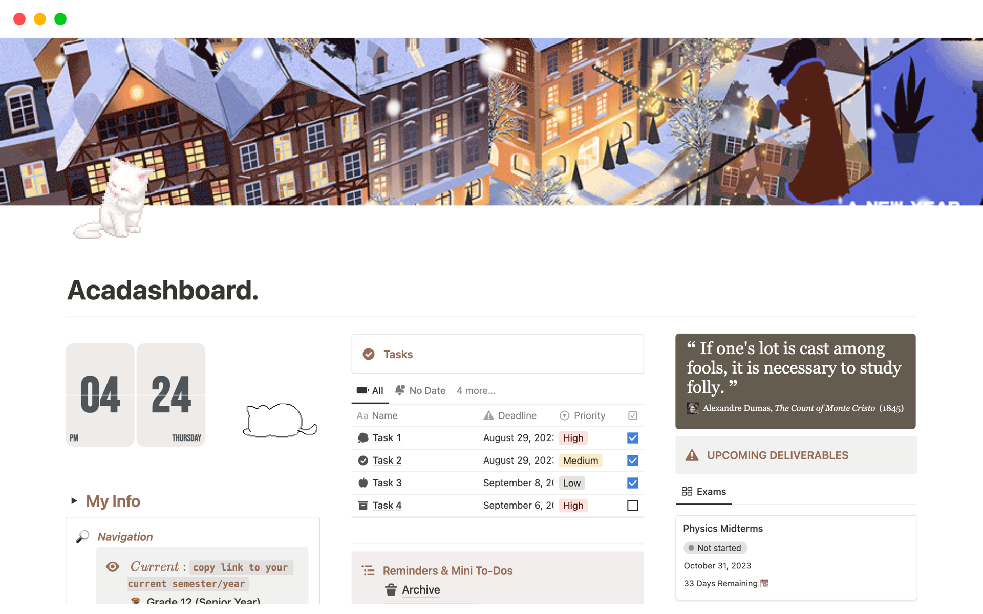 Vista previa de una plantilla para Acadashboard: Student OS