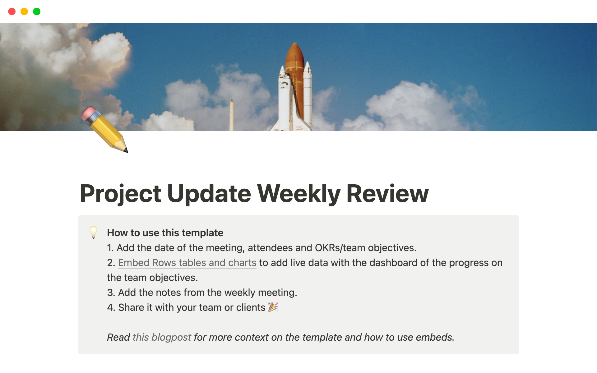 Uma prévia do modelo para Project Update Weekly Review
