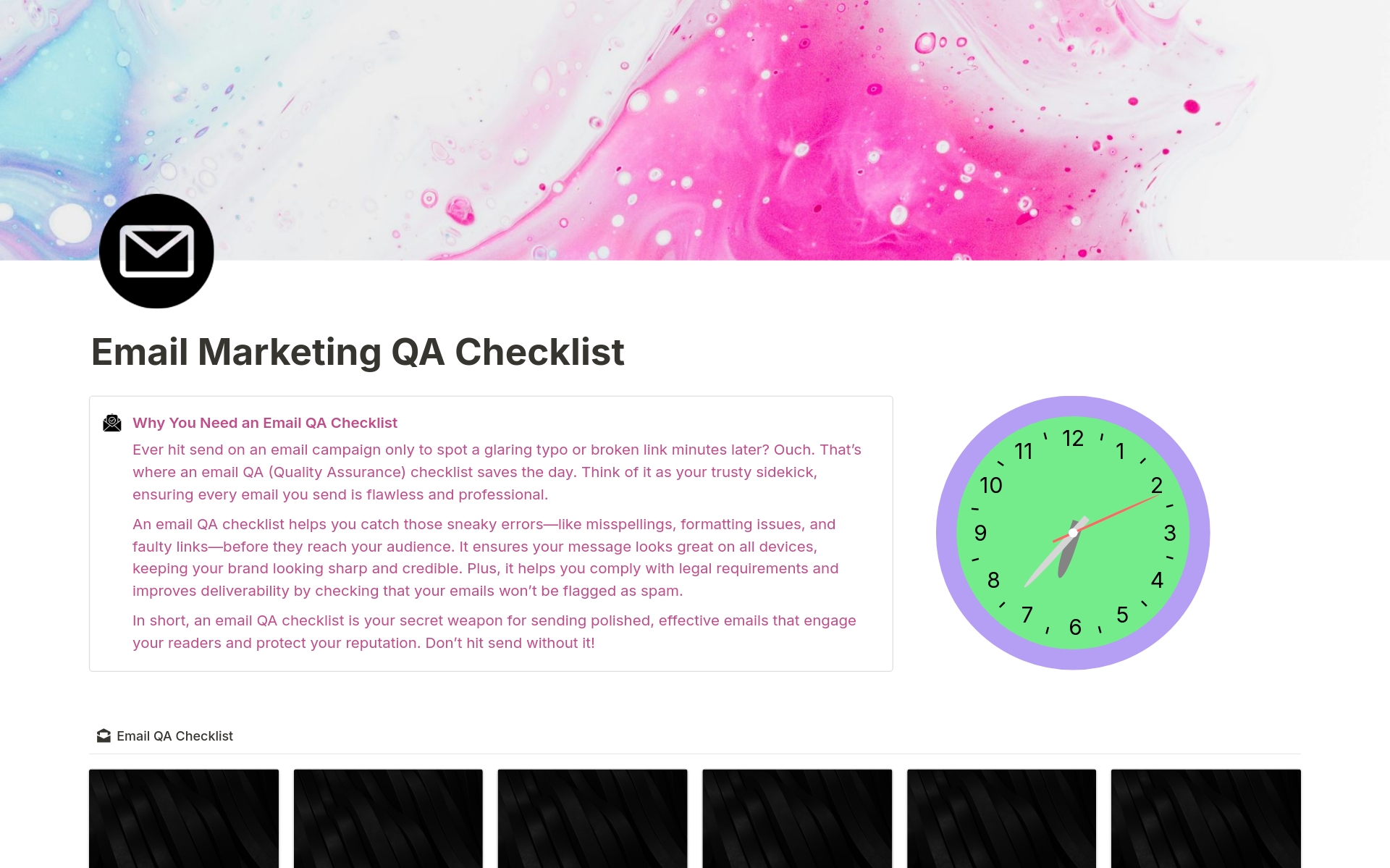 En forhåndsvisning av mal for Email Marketing QA Checklist