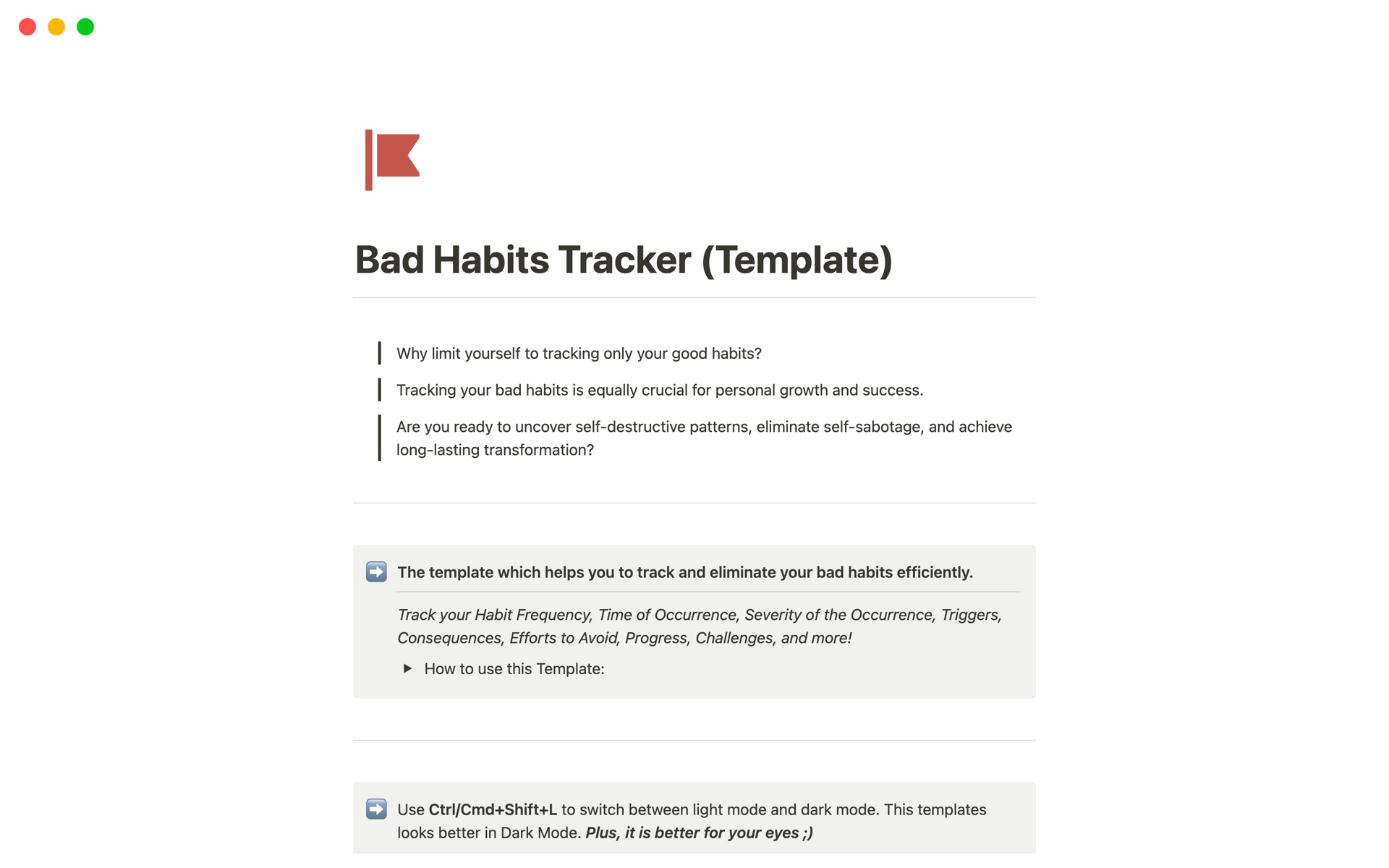 En forhåndsvisning av mal for Bad Habits Tracker