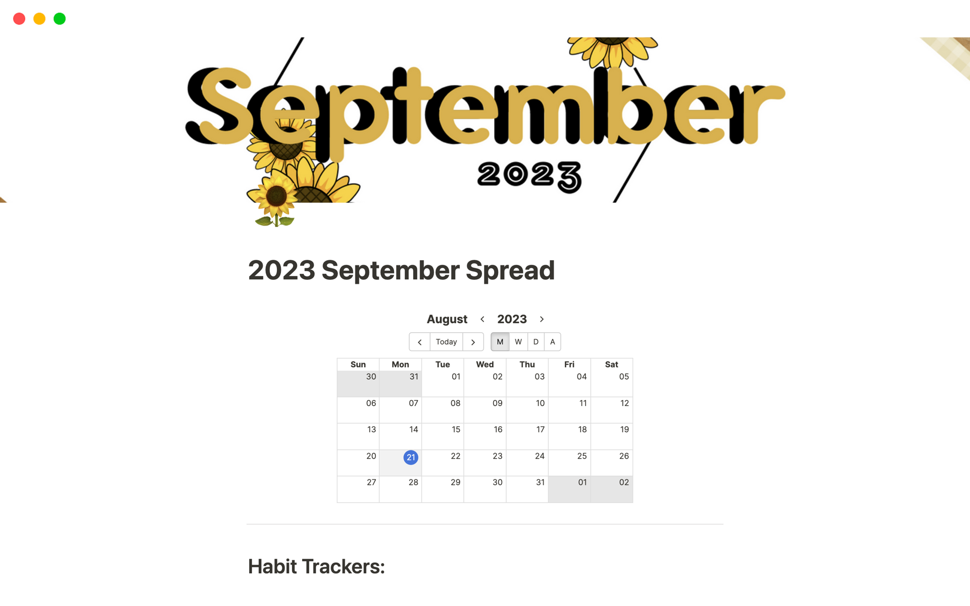 Vista previa de plantilla para 2023 September Spread