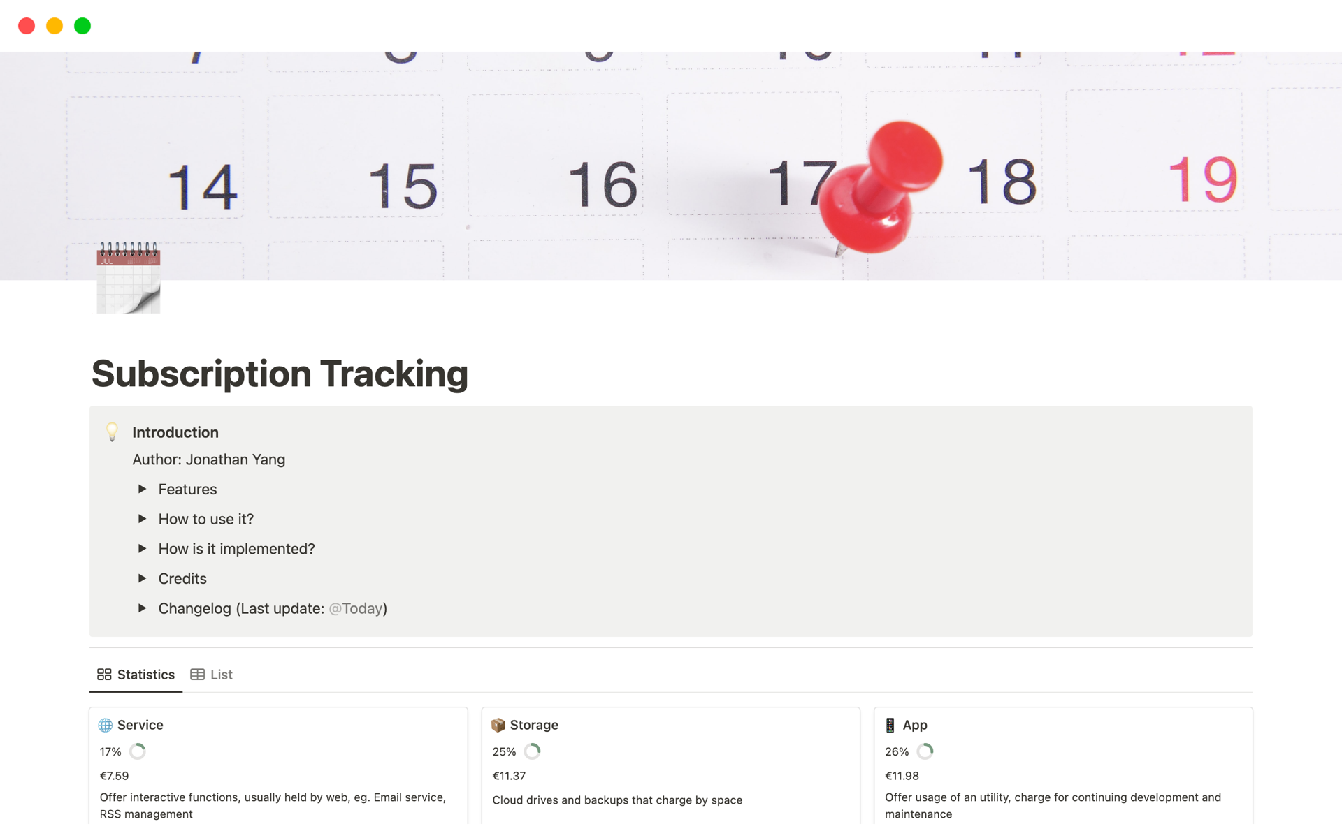 A template preview for Subscription Tracking