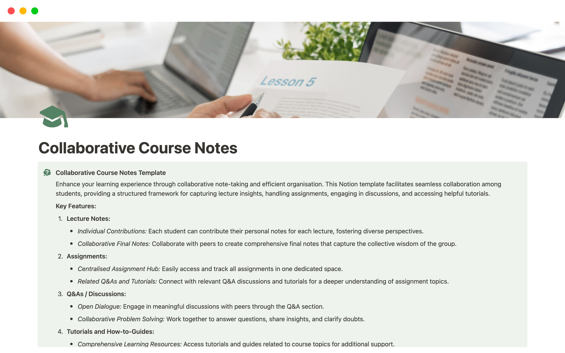 Eine Vorlagenvorschau für Collaborative Course Notes