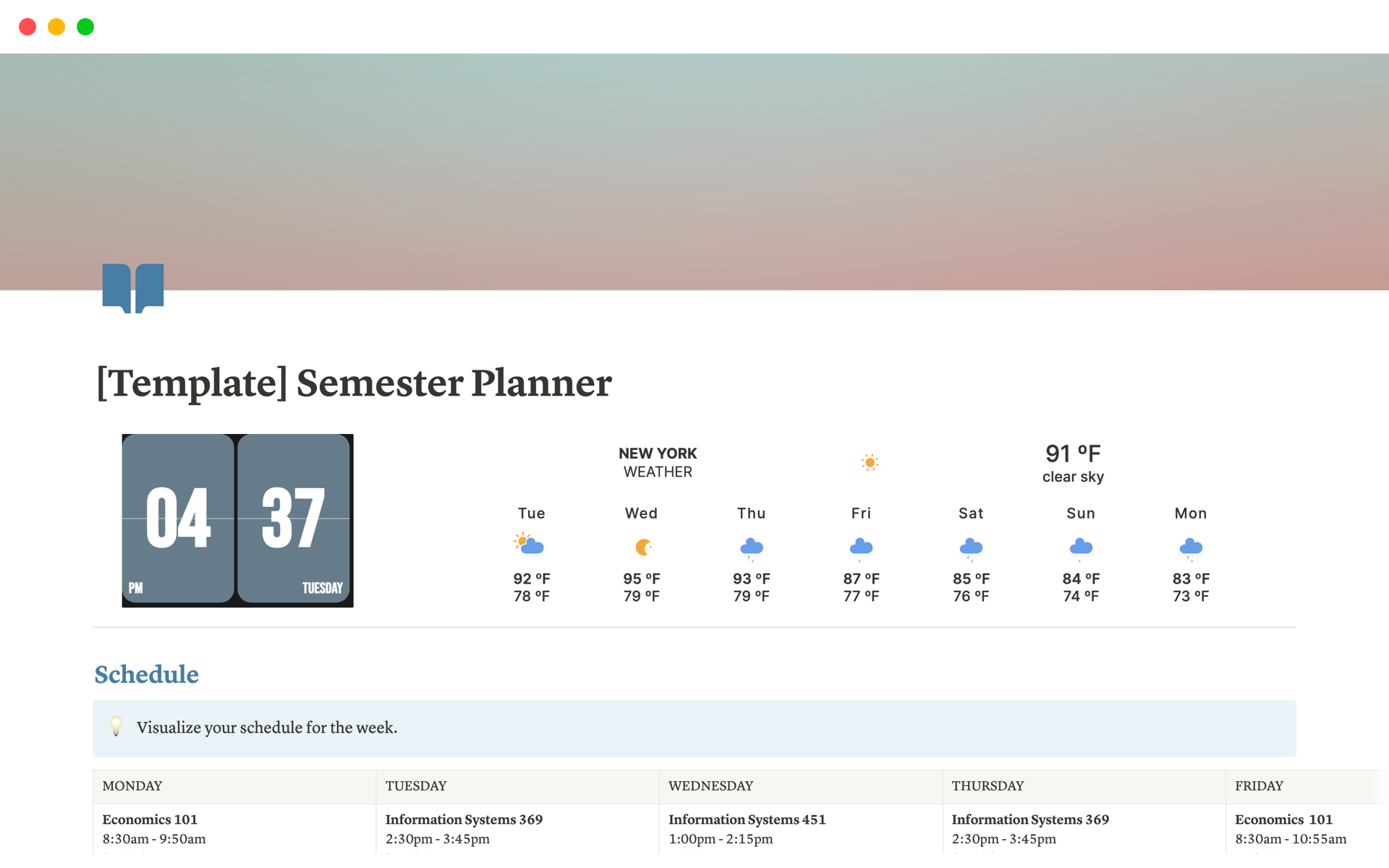 A template preview for Semester Planner