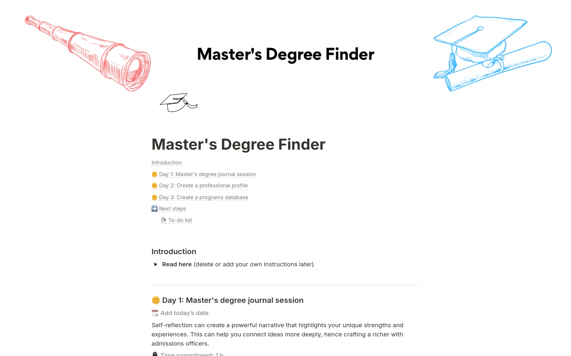 En forhåndsvisning av mal for Master's Degree Finder