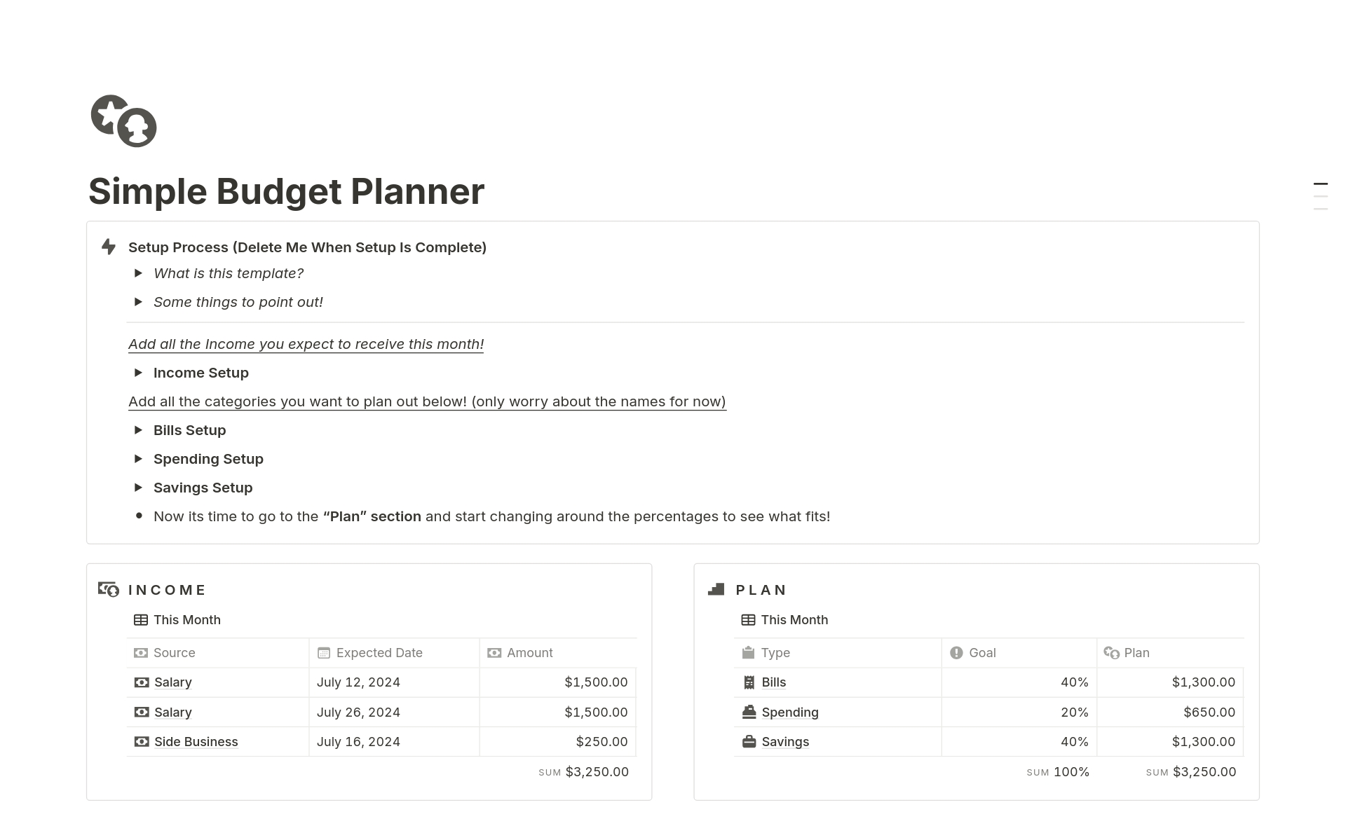 Eine Vorlagenvorschau für Simple Budget Planner