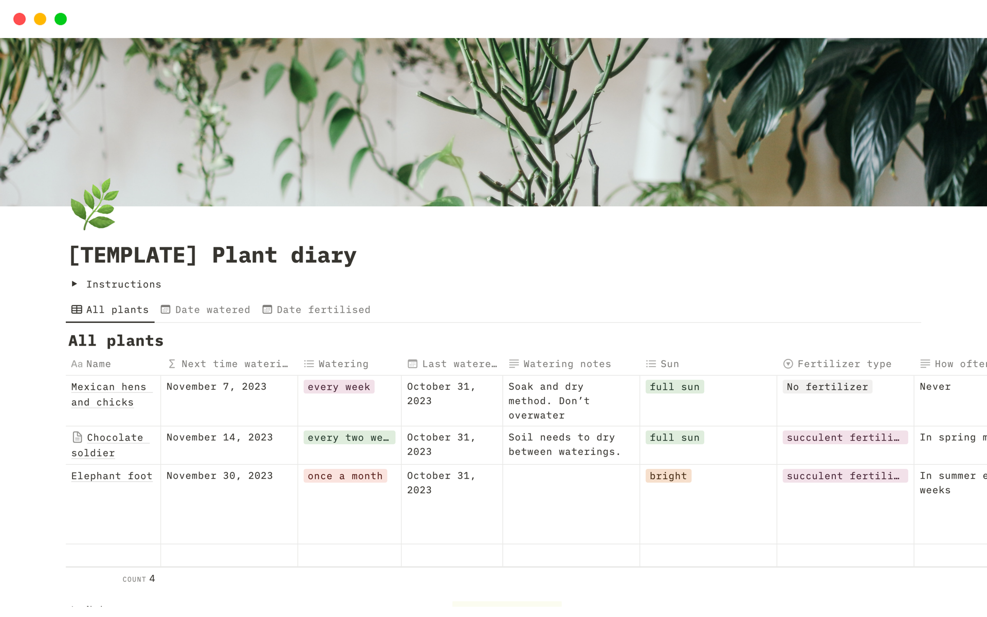 En forhåndsvisning av mal for Plant diary