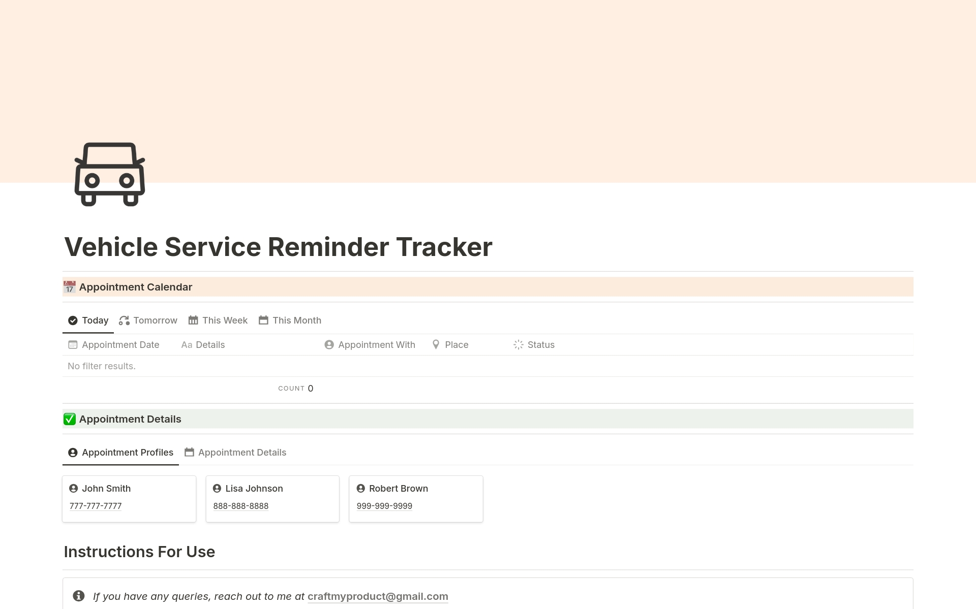 En förhandsgranskning av mallen för Vehicle Service Reminder Tracker