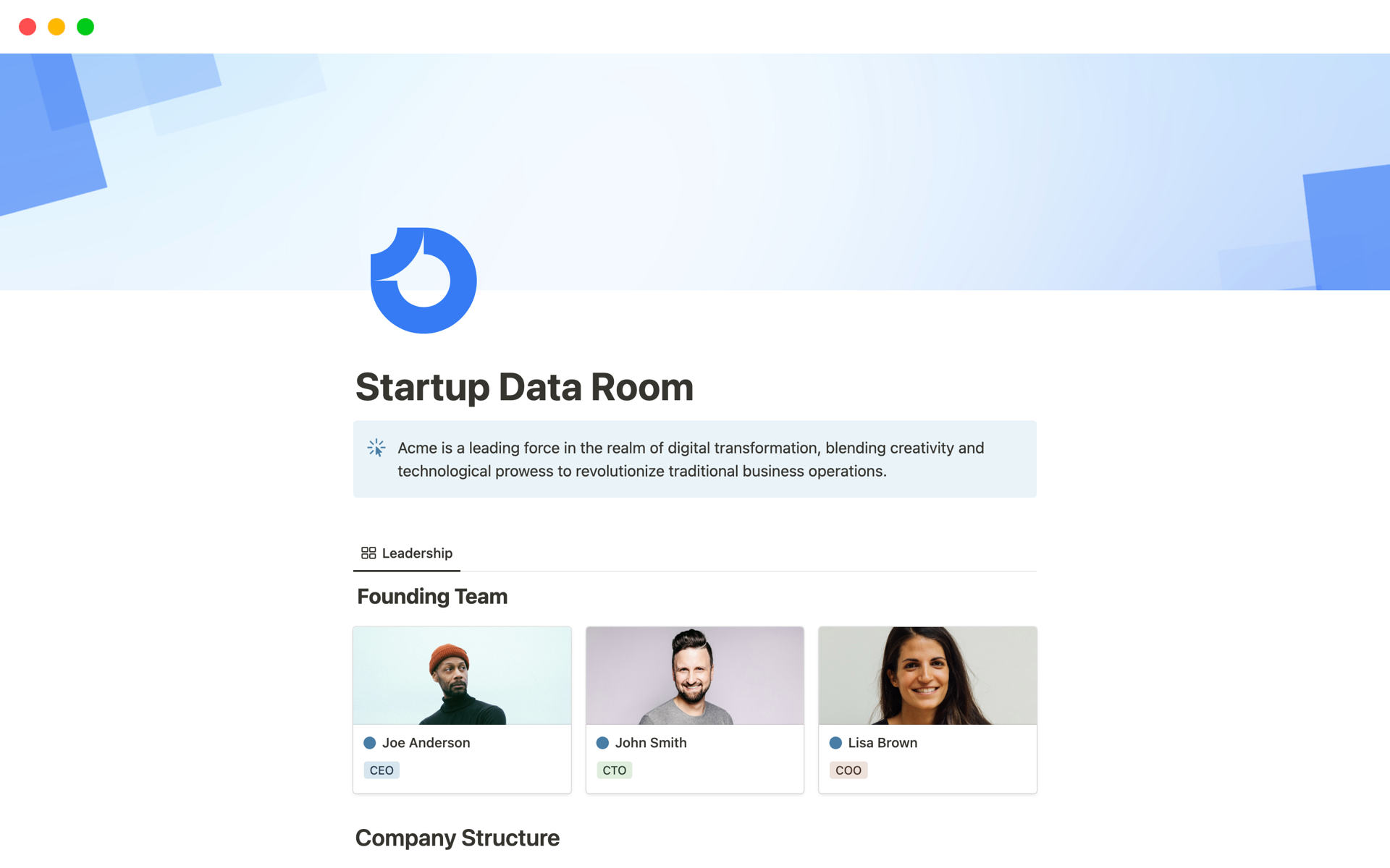 En forhåndsvisning av mal for Startup Data Room