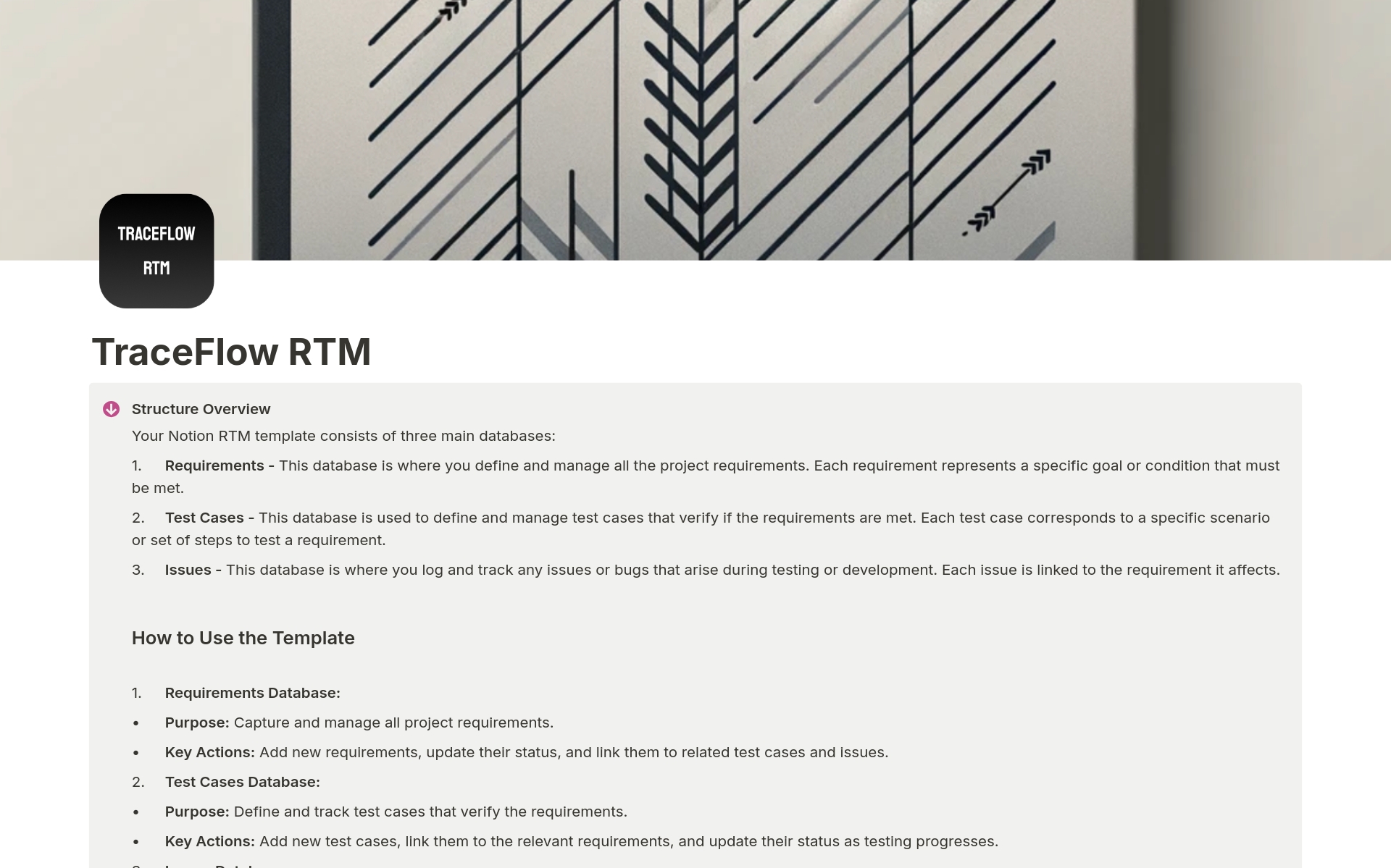 Introducing Traceflow RTM - the ultimate Notion template for managing requirements, test cases, and issues. Centralize your requirements, integrate test cases, and maintain an automated traceability matrix. Perfect for project managers, analysts, and QA teams. Streamline your pro