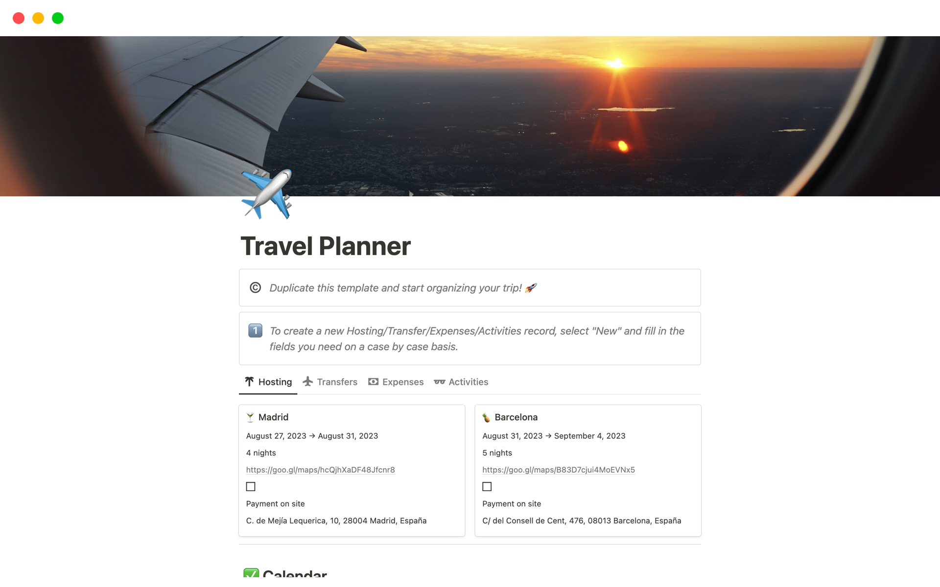 Mallin esikatselu nimelle Travel Planner
